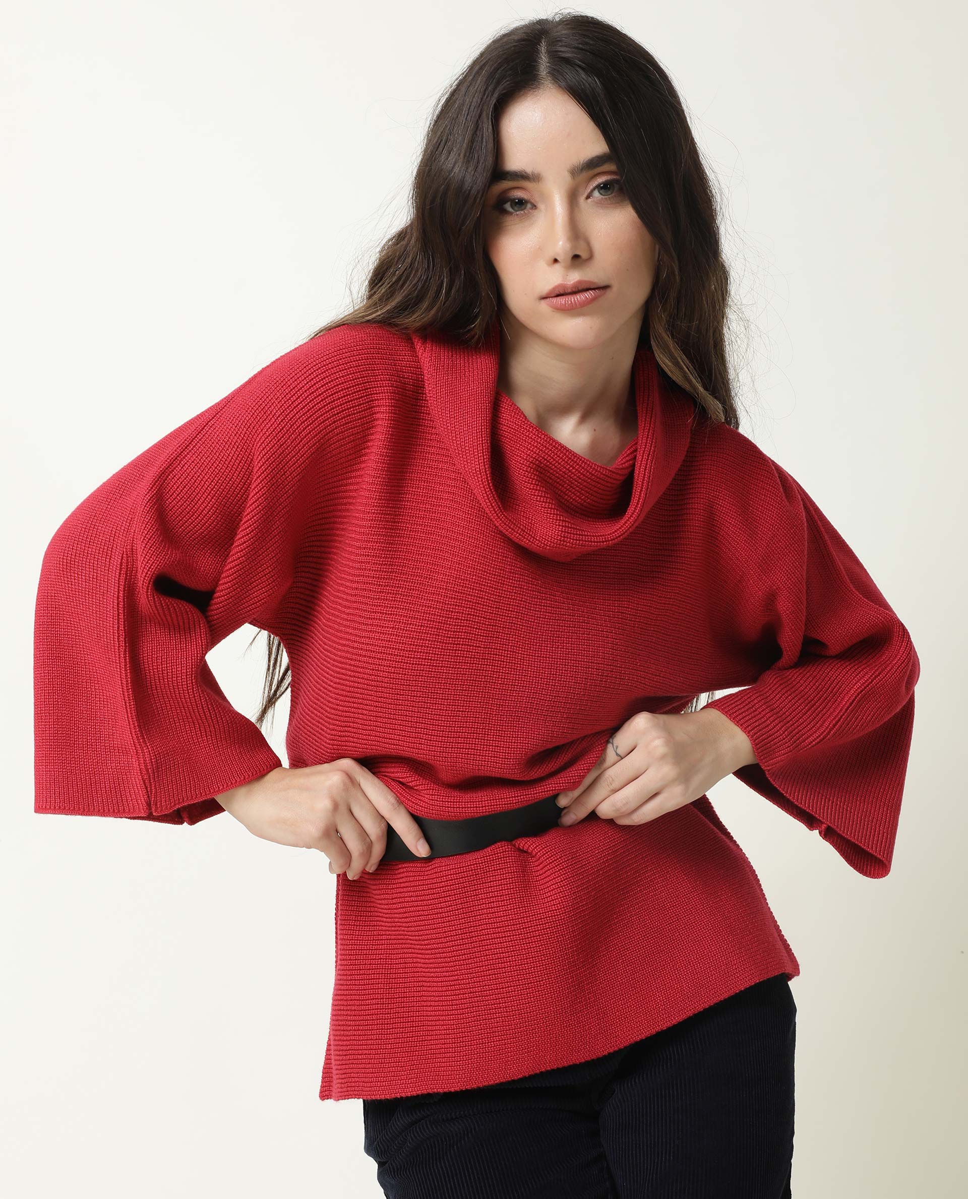 Rareism Women Sasho Pink Acrylic Fabric 3/4Th Sleeves Relaxed Fit Solid Cowl Neck Sweater