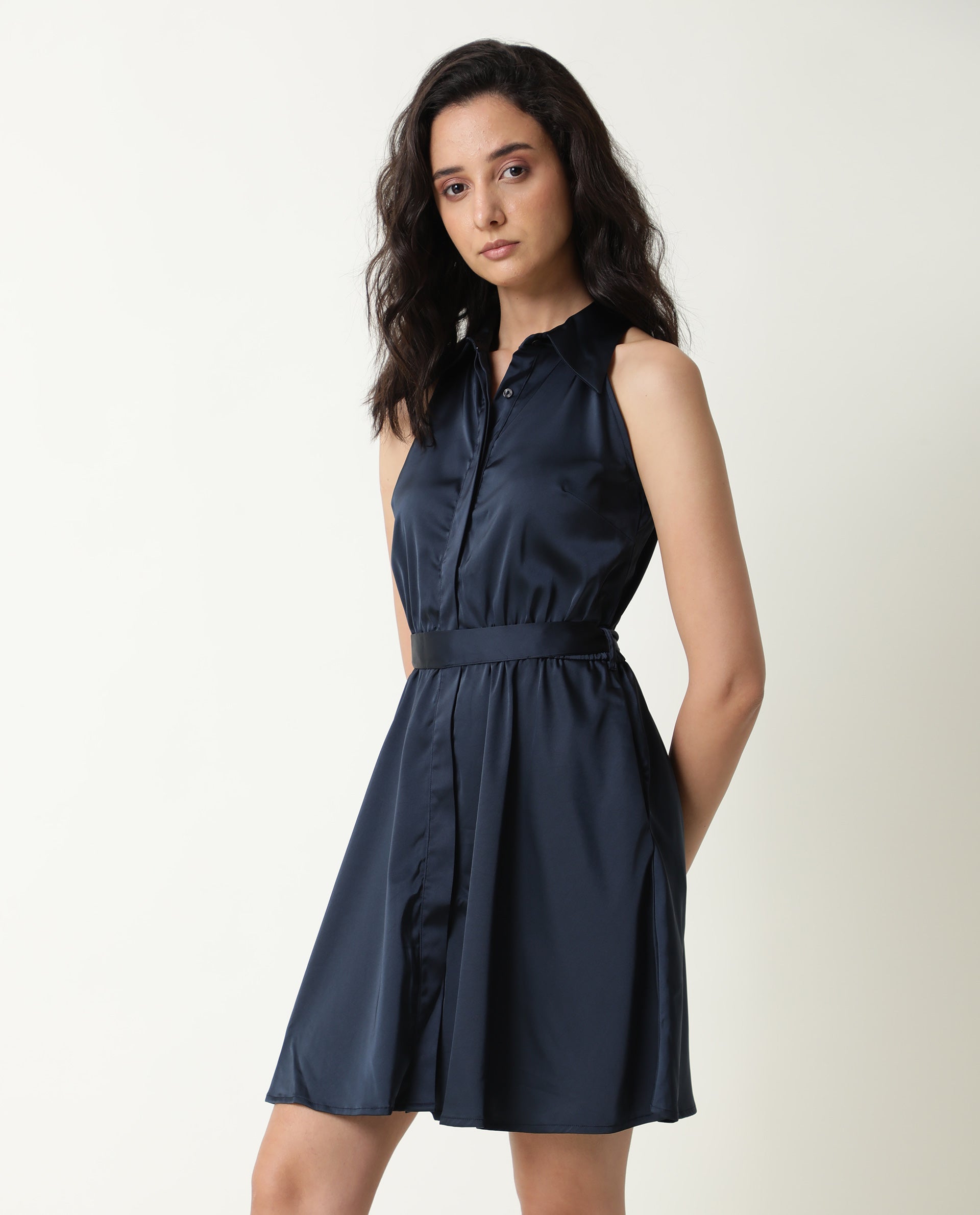 Rareism Women Sulphur Navy Shirt Collar Halter Neck Full Front Button Closure Placket With Fabric Waist Belt Mini Dress