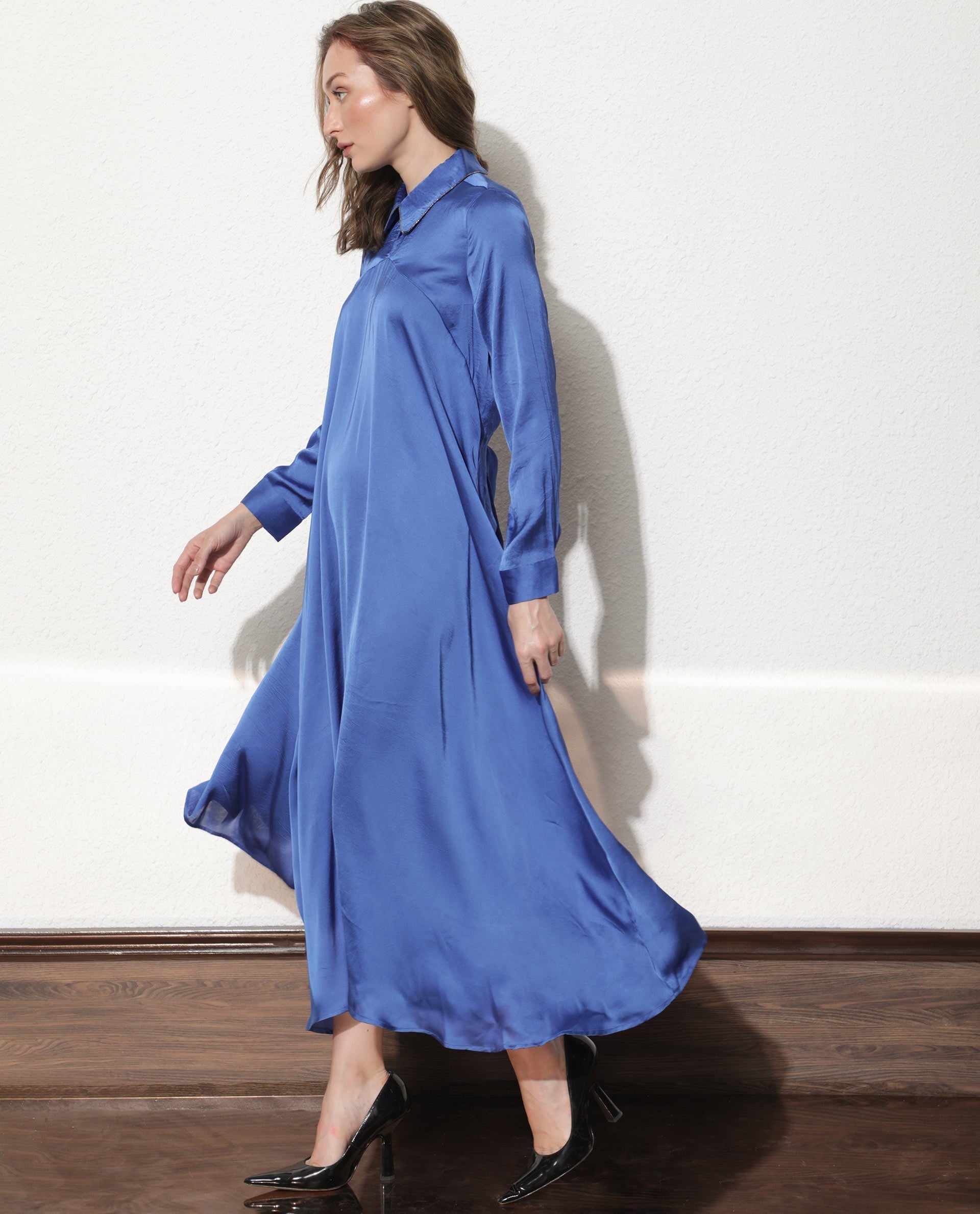 Rareism Women's Galaxyy Blue Modal Spread Collar Plain Maxi Regular Fit Dress