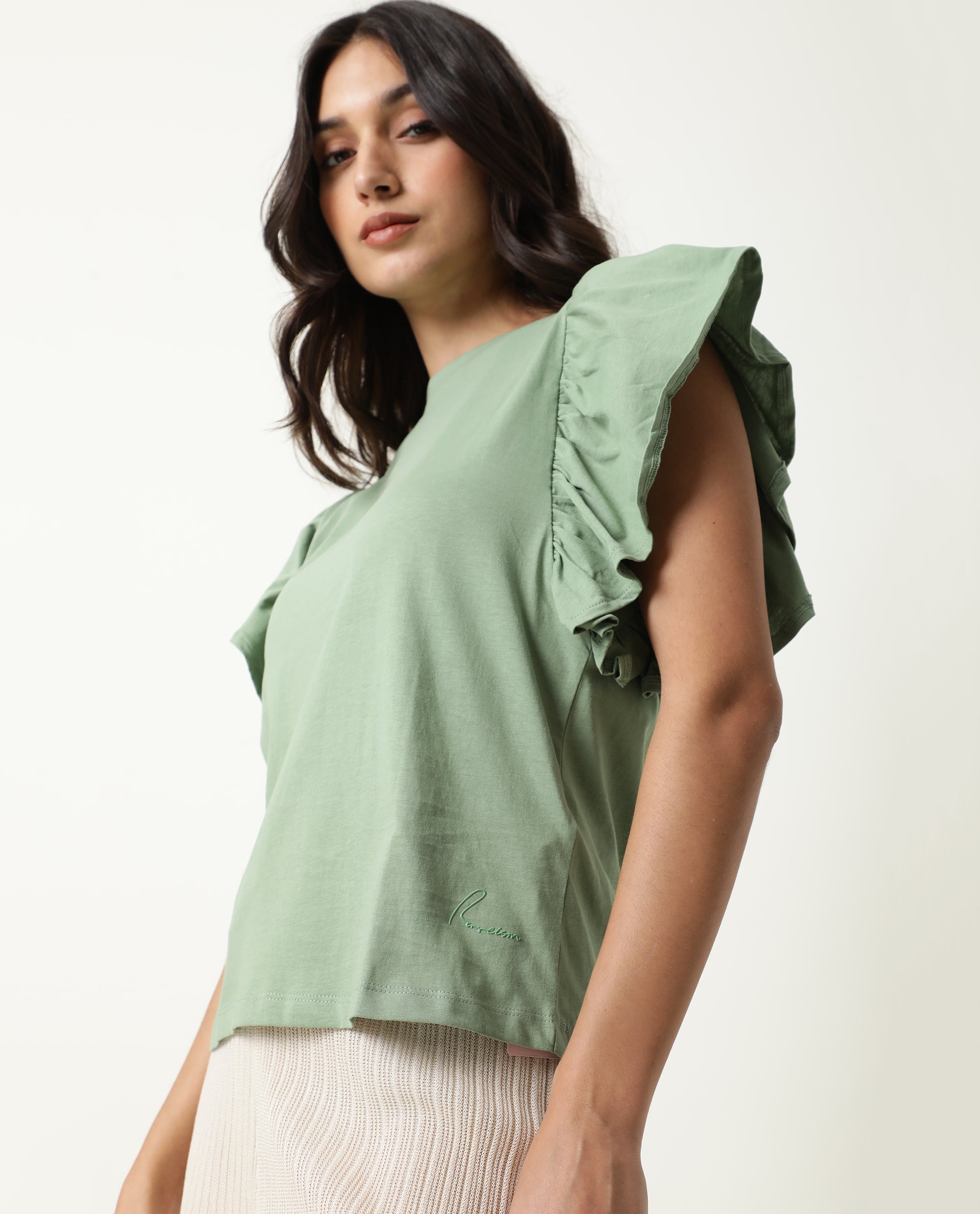 Rareism Women's Yatch Green Crew Neck Plain Regular Fit Top