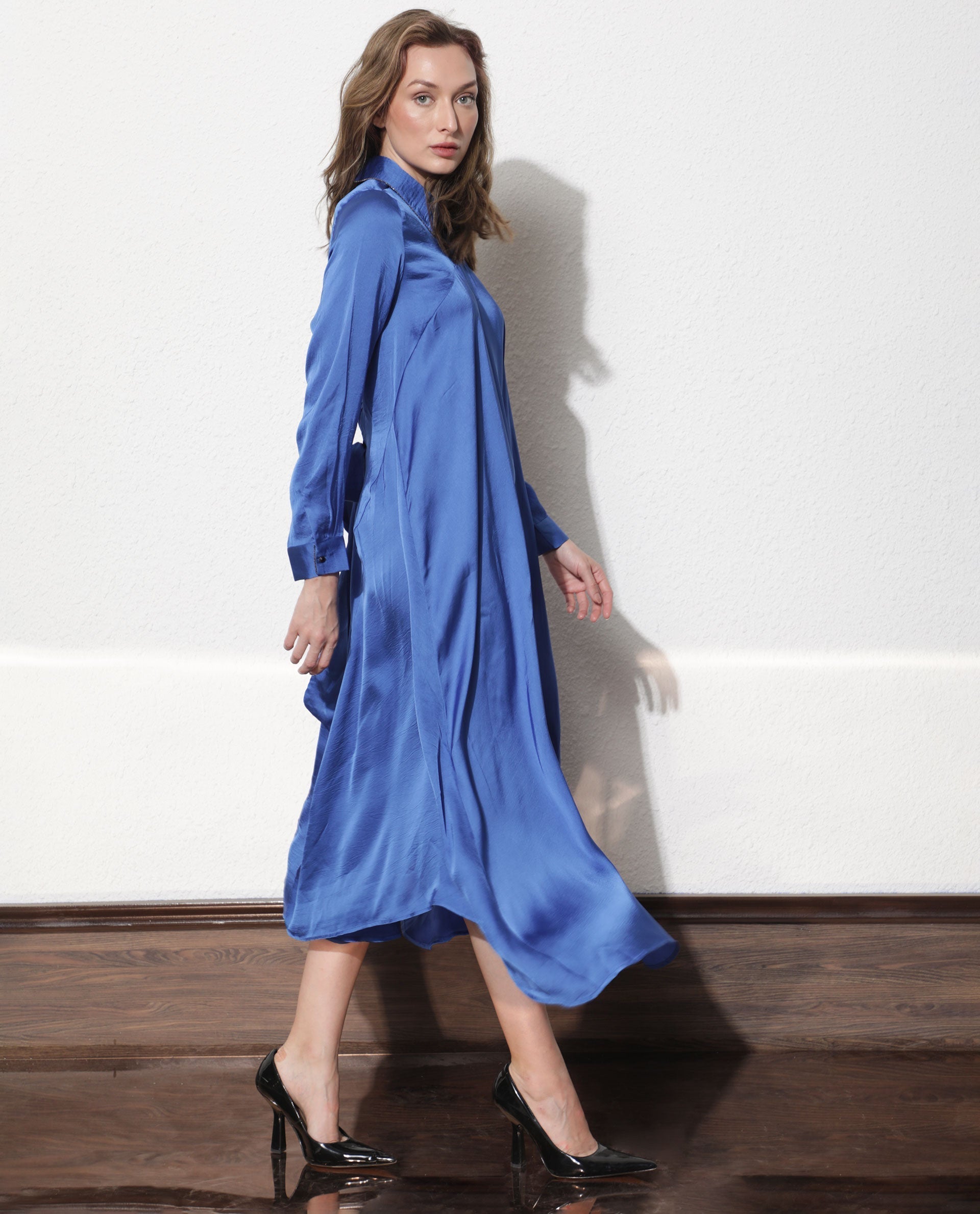 Rareism Women's Galaxyy Blue Modal Spread Collar Plain Maxi Regular Fit Dress