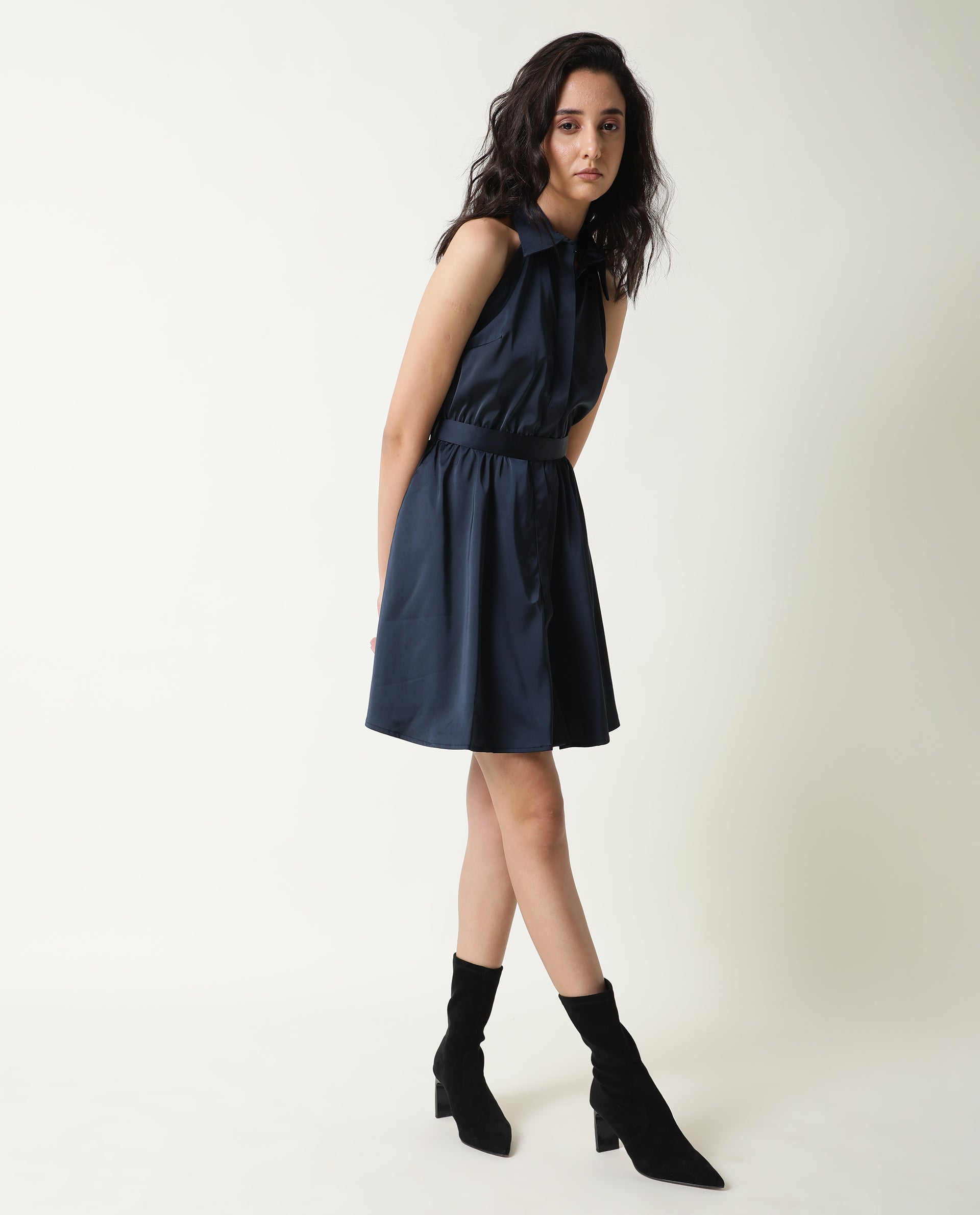 Rareism Women Sulphur Navy Shirt Collar Halter Neck Full Front Button Closure Placket With Fabric Waist Belt Mini Dress