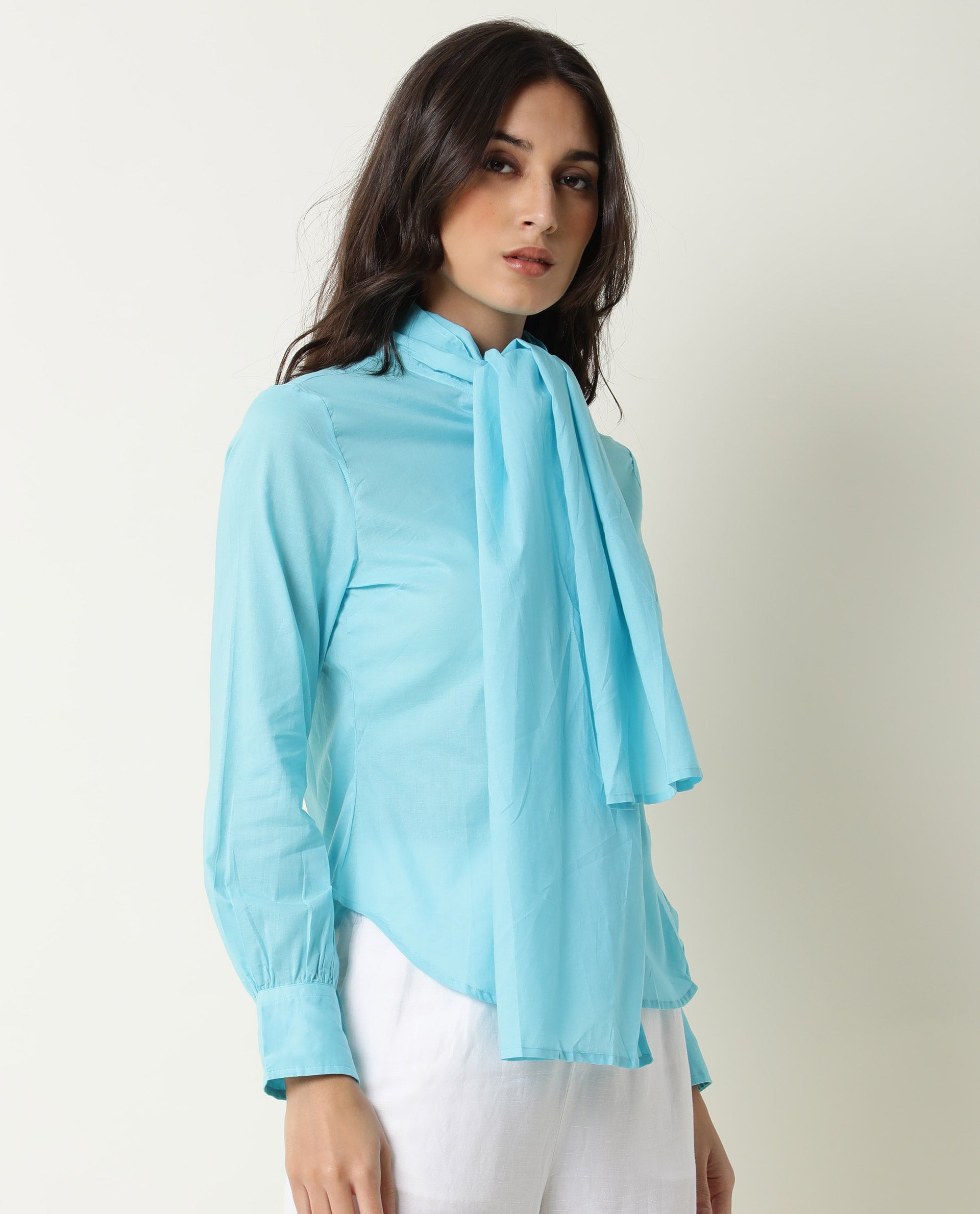 Rareism Women's Flame Blue Tie-Up Neck Plain Knee Length Regular Fit Top