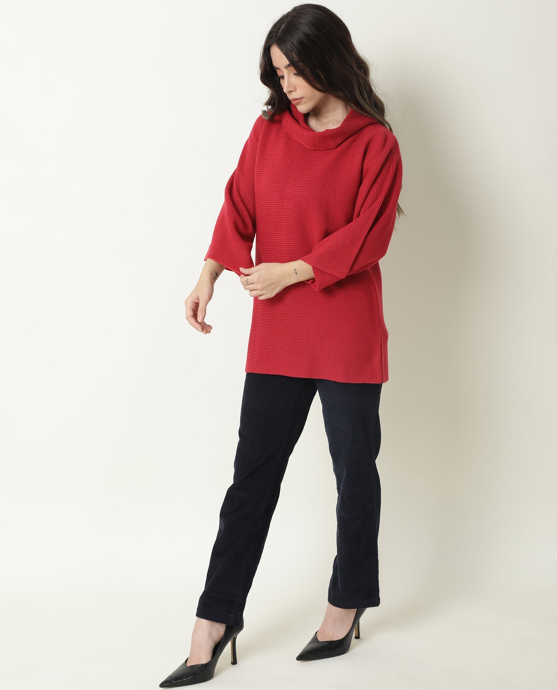 Rareism Women Sasho Pink Acrylic Fabric 3/4Th Sleeves Relaxed Fit Solid Cowl Neck Sweater