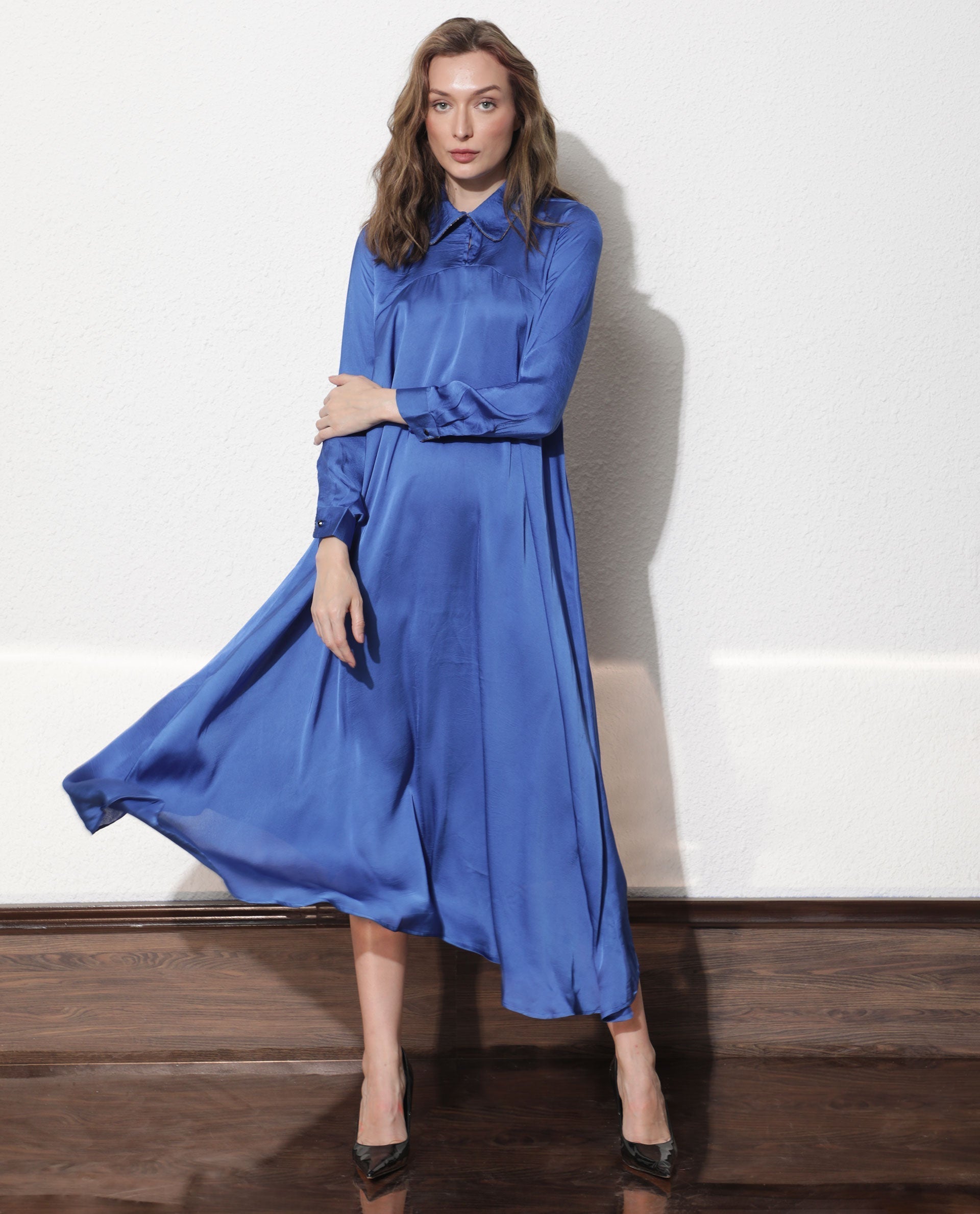 Rareism Women's Galaxyy Blue Modal Spread Collar Plain Maxi Regular Fit Dress