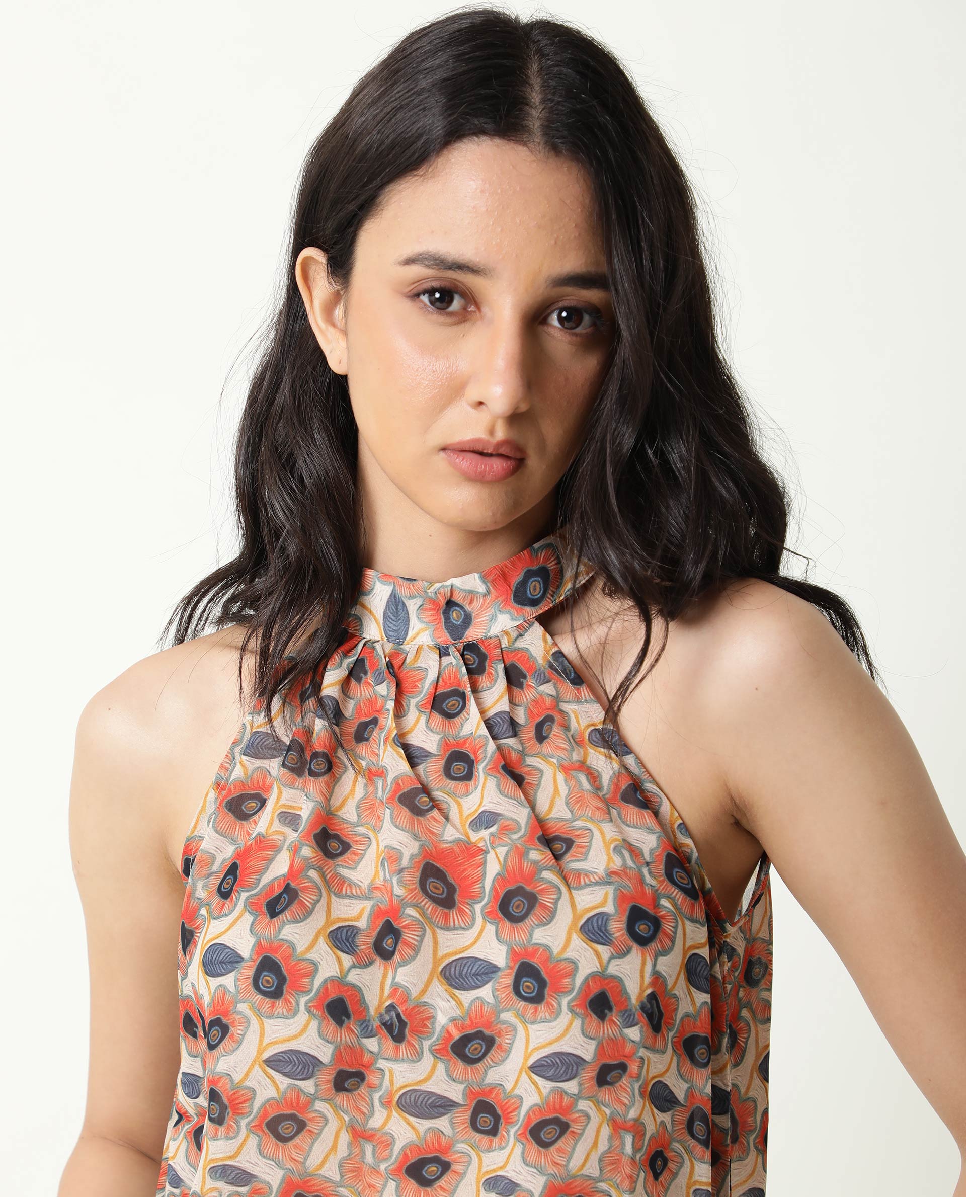 Rareism Women Blake Beige Top Polyester Fabric Sleeveless Back Closure Solid