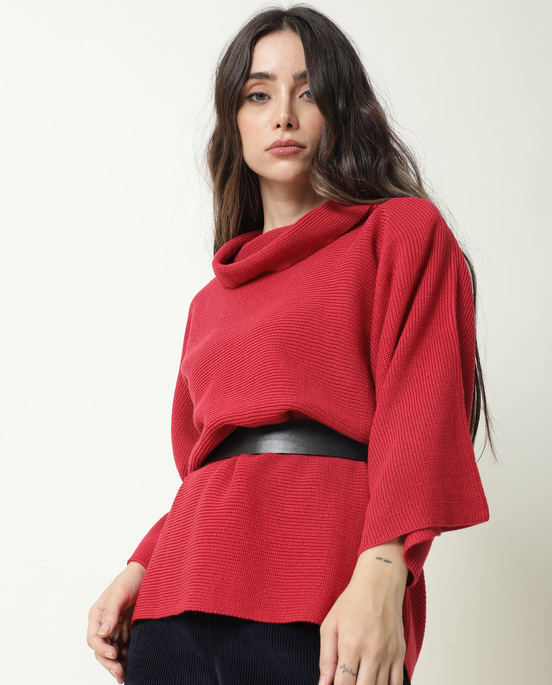 Rareism Women Sasho Pink Acrylic Fabric 3/4Th Sleeves Relaxed Fit Solid Cowl Neck Sweater