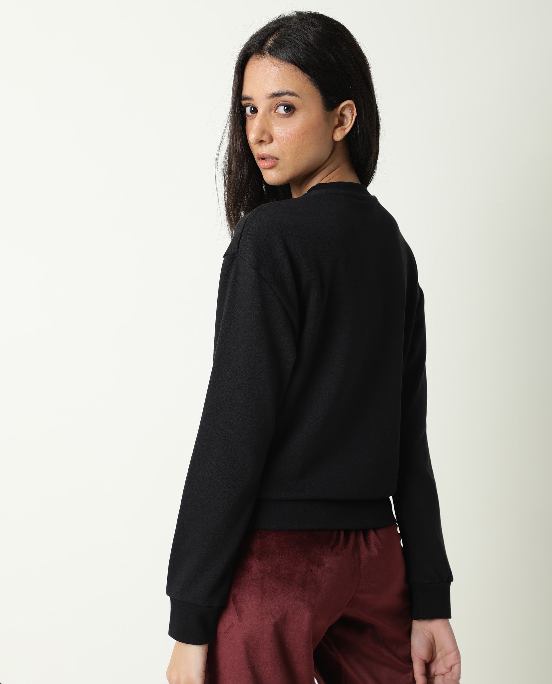 Rareism Women Sandor Black Cotton Poly Fabric Relaxed Fit Full Sleeves Solid Crew Neck Sweatshirt
