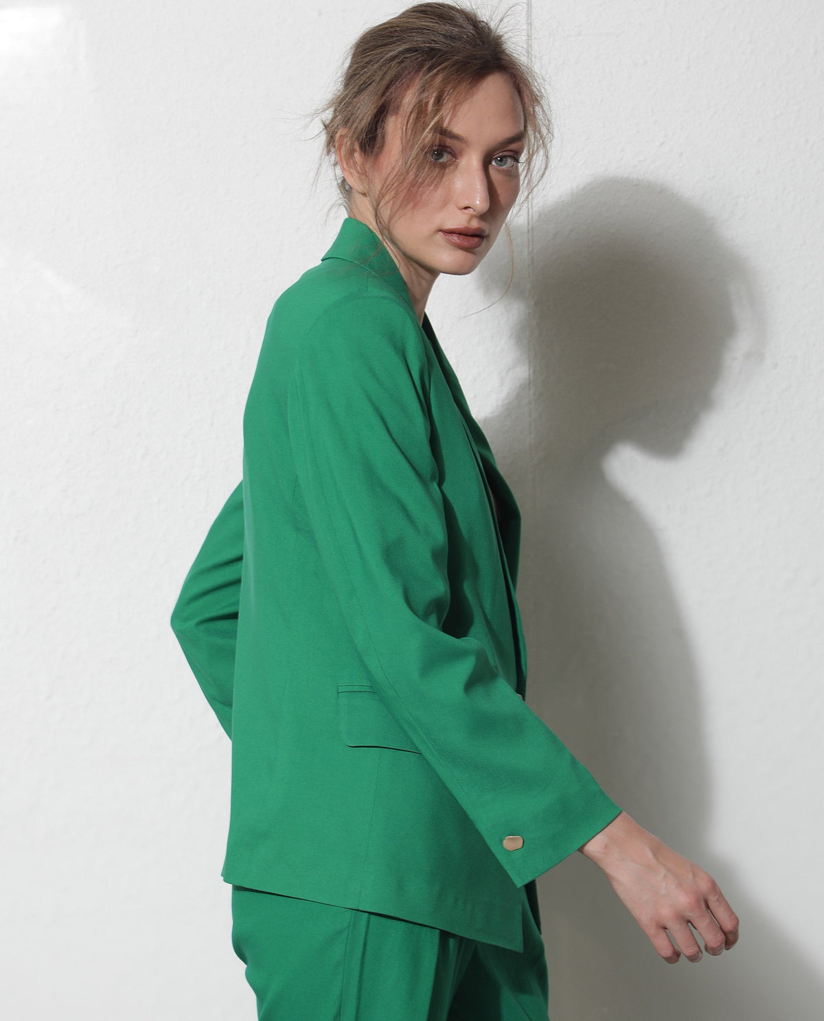 Rareism Women Ziva Green Polyester Fabric Full Sleeves Button Closure Lapel Neck Tailored Fit Plain Blazer