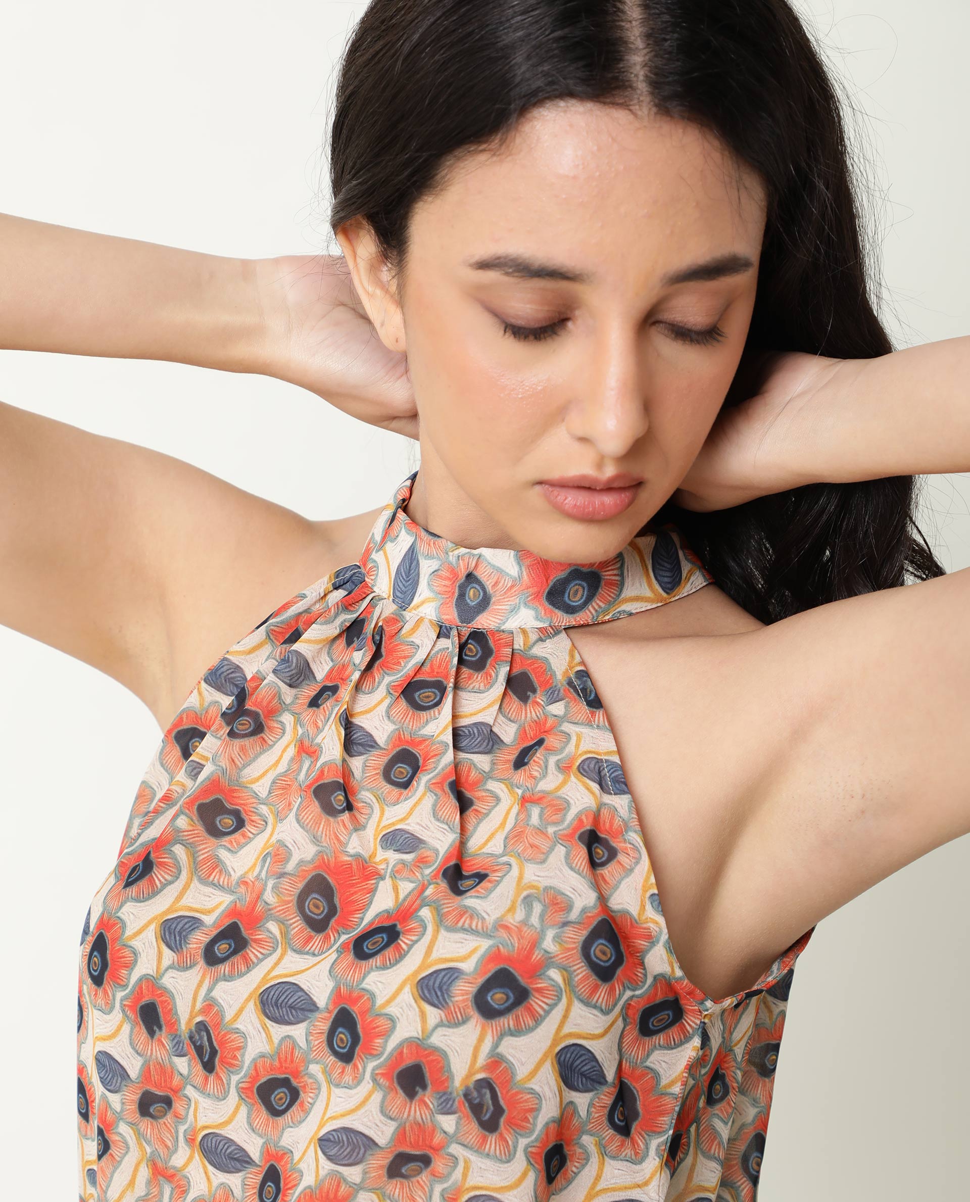 Rareism Women Blake Beige Top Polyester Fabric Sleeveless Back Closure Solid