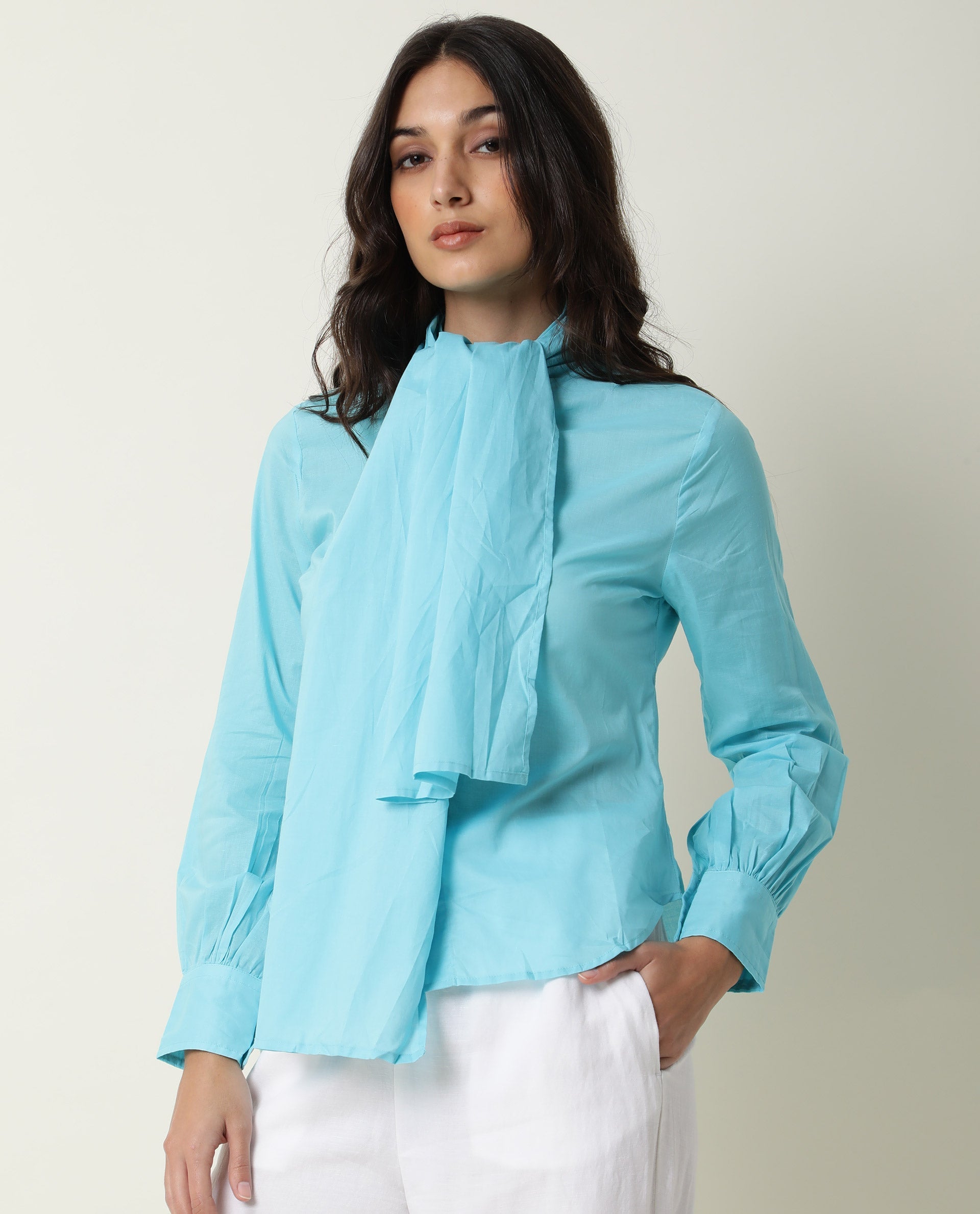 Rareism Women's Flame Blue Tie-Up Neck Plain Knee Length Regular Fit Top