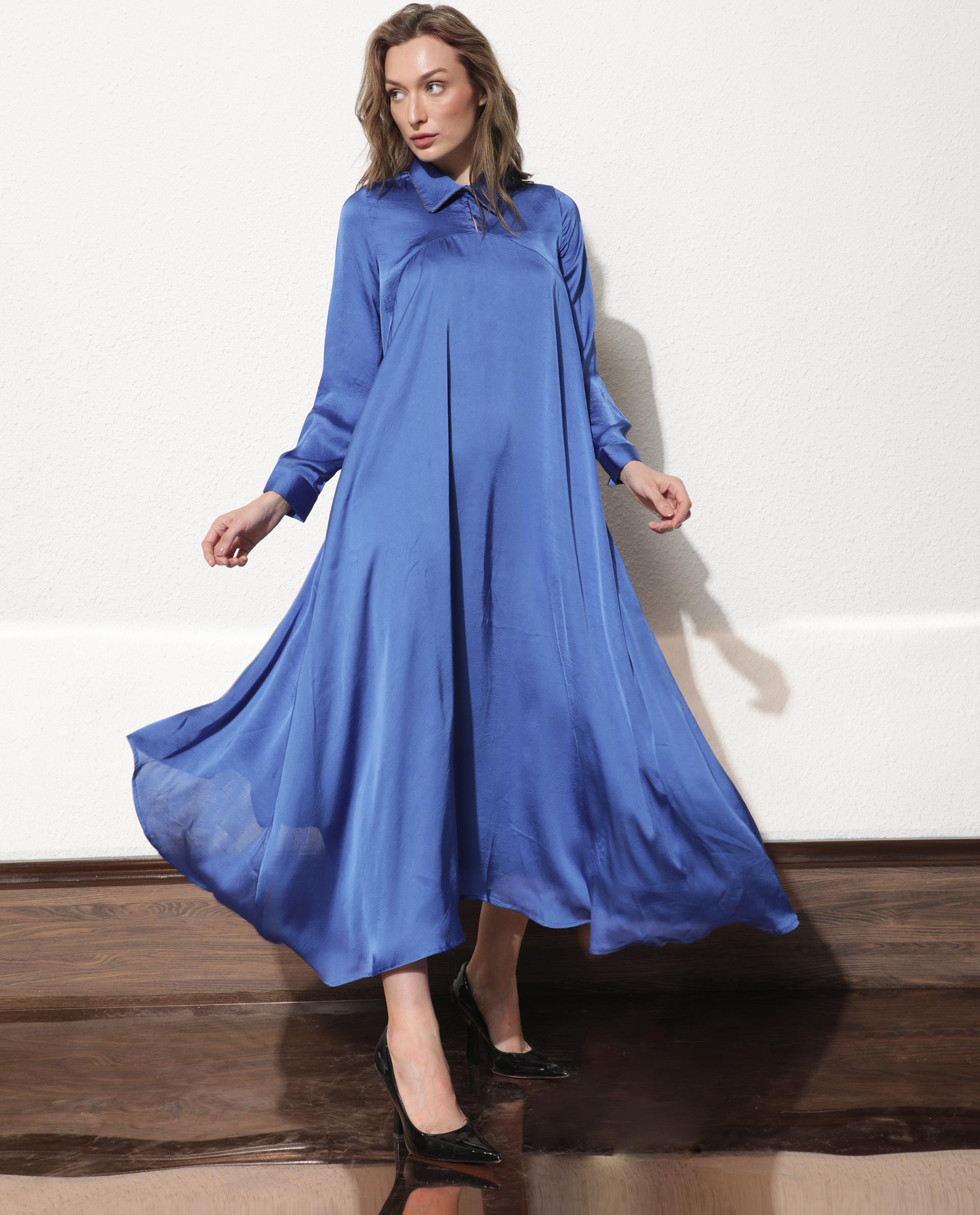 Rareism Women's Galaxyy Blue Modal Spread Collar Plain Maxi Regular Fit Dress