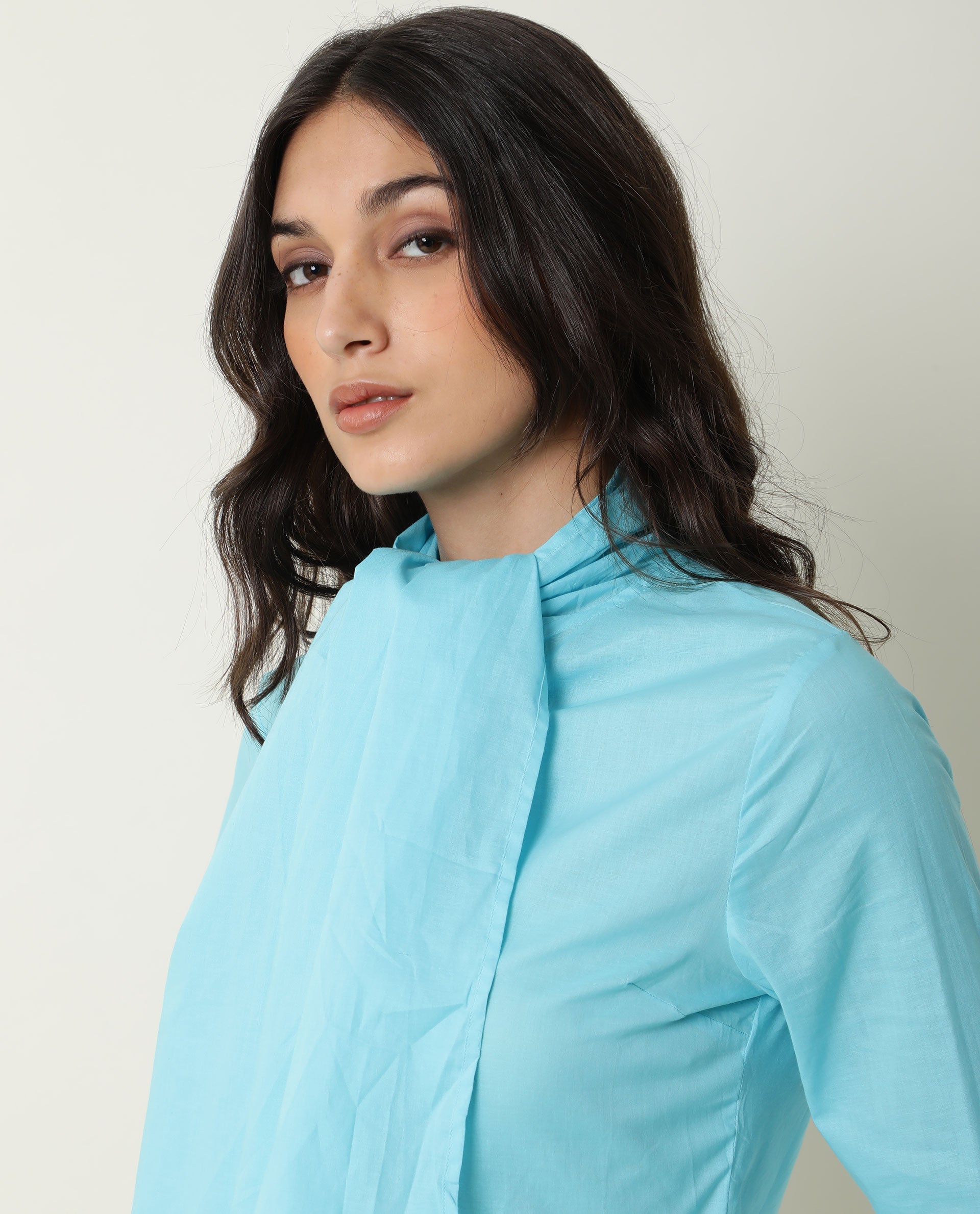 Rareism Women's Flame Blue Tie-Up Neck Plain Knee Length Regular Fit Top