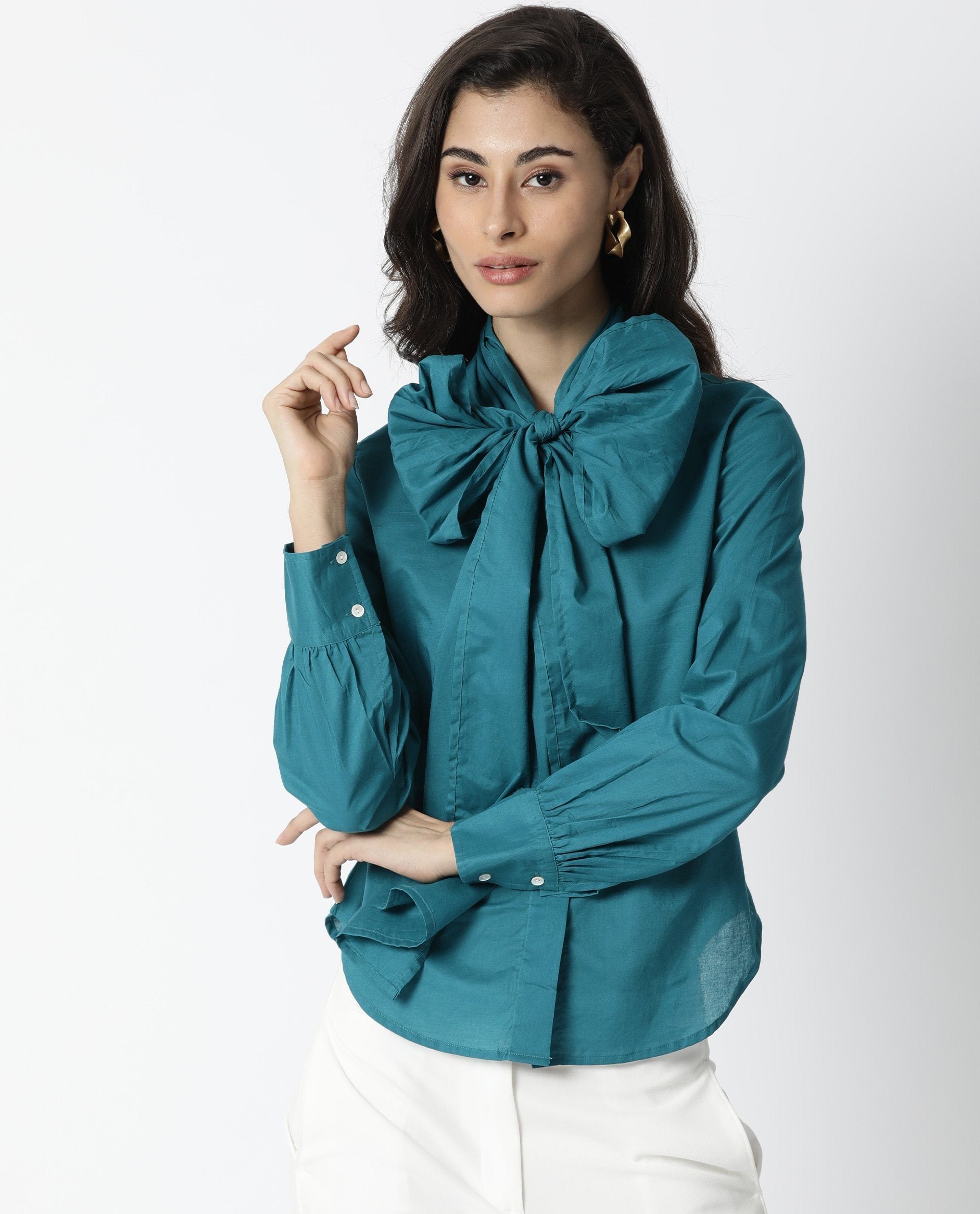 Rareism Womens Flame Petrol Top Cotton Fabric Full Sleeves Tie Up Neckline