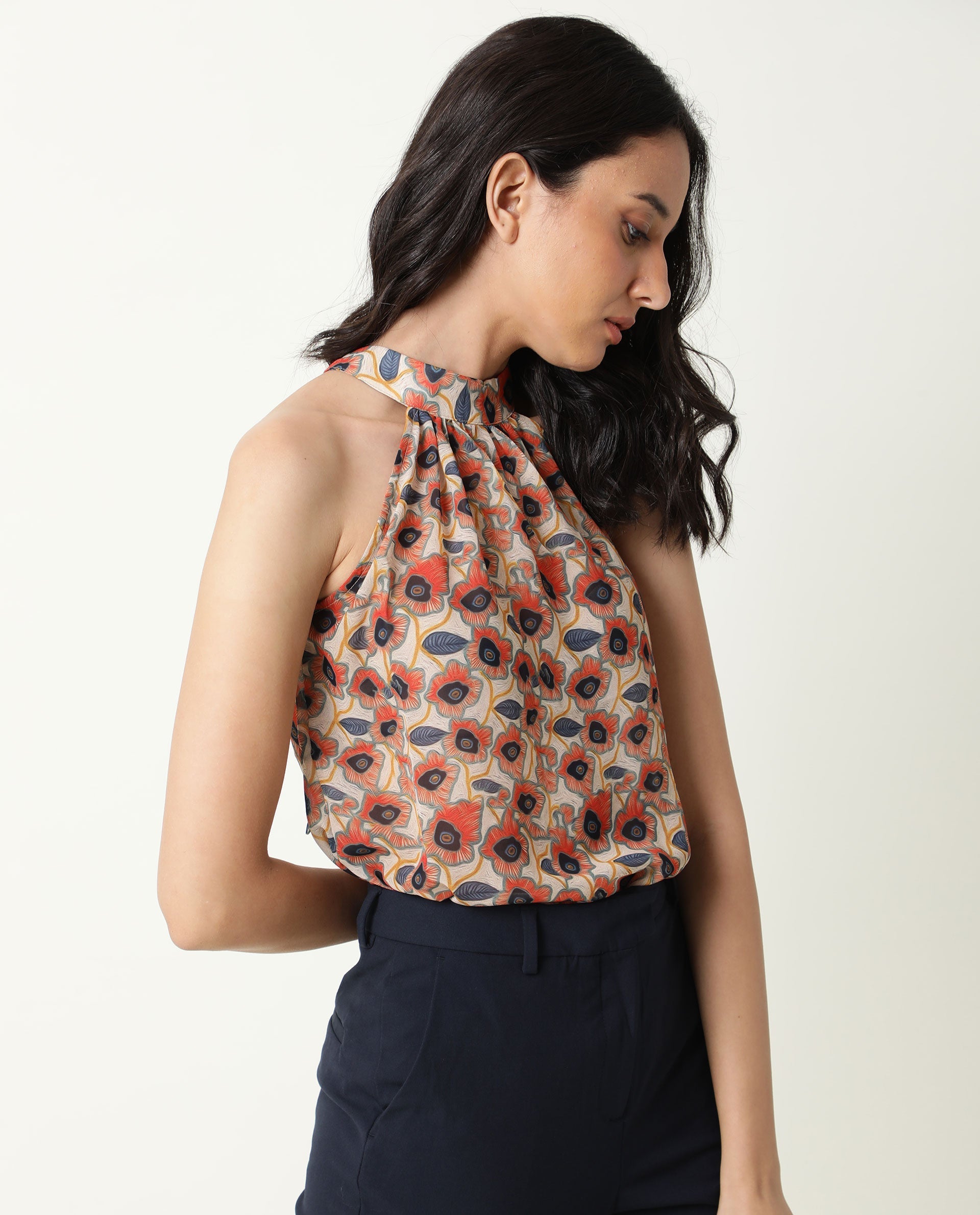 Rareism Women Blake Beige Top Polyester Fabric Sleeveless Back Closure Solid