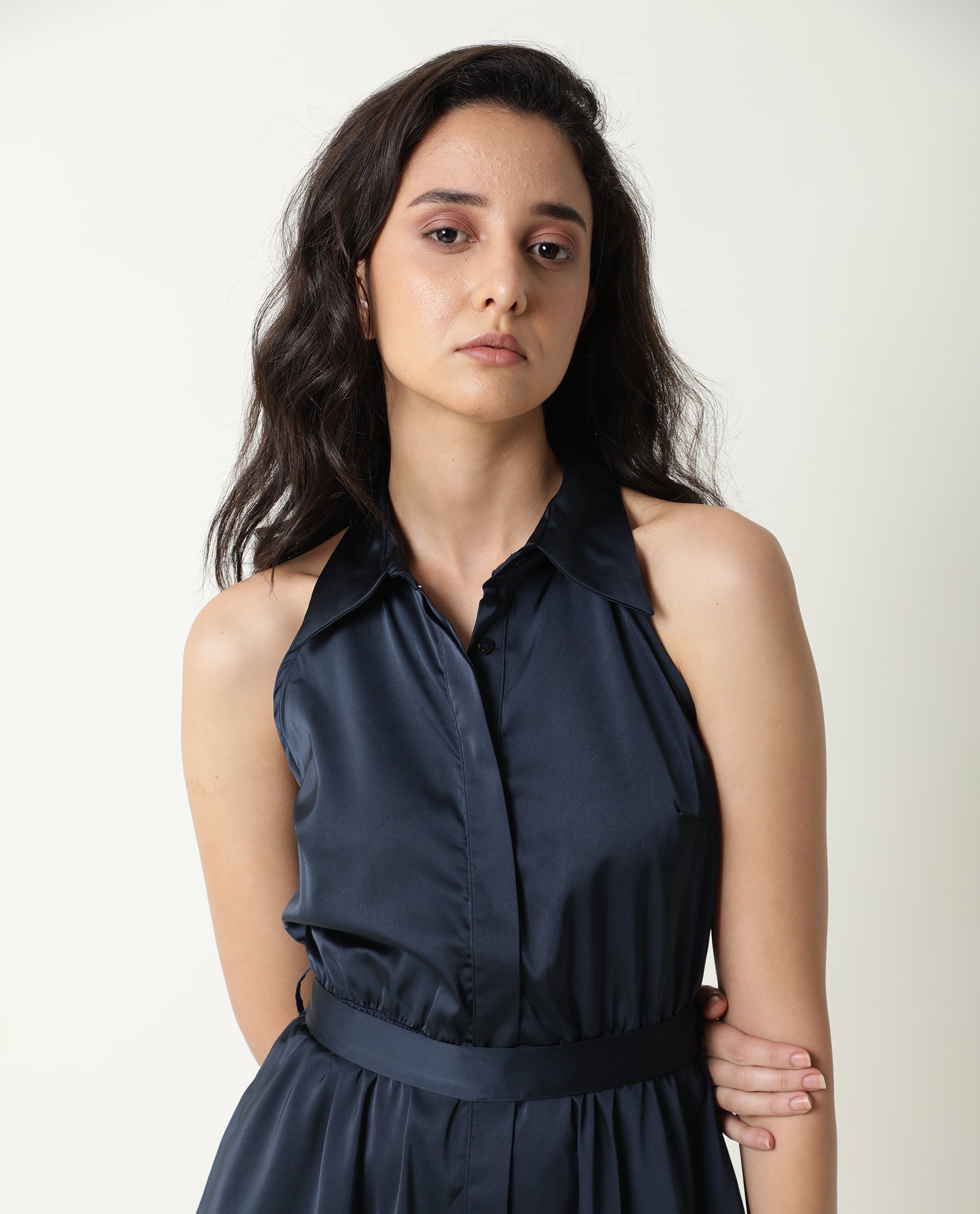 Rareism Women Sulphur Navy Shirt Collar Halter Neck Full Front Button Closure Placket With Fabric Waist Belt Mini Dress