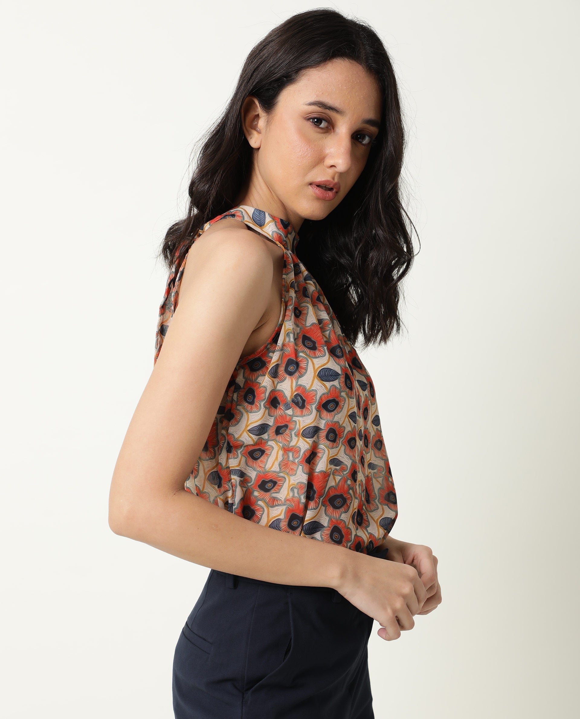 Rareism Women's Blake Beige Boat Neck Floral Print Sleeveless Knee Length Relaxed Fit Top