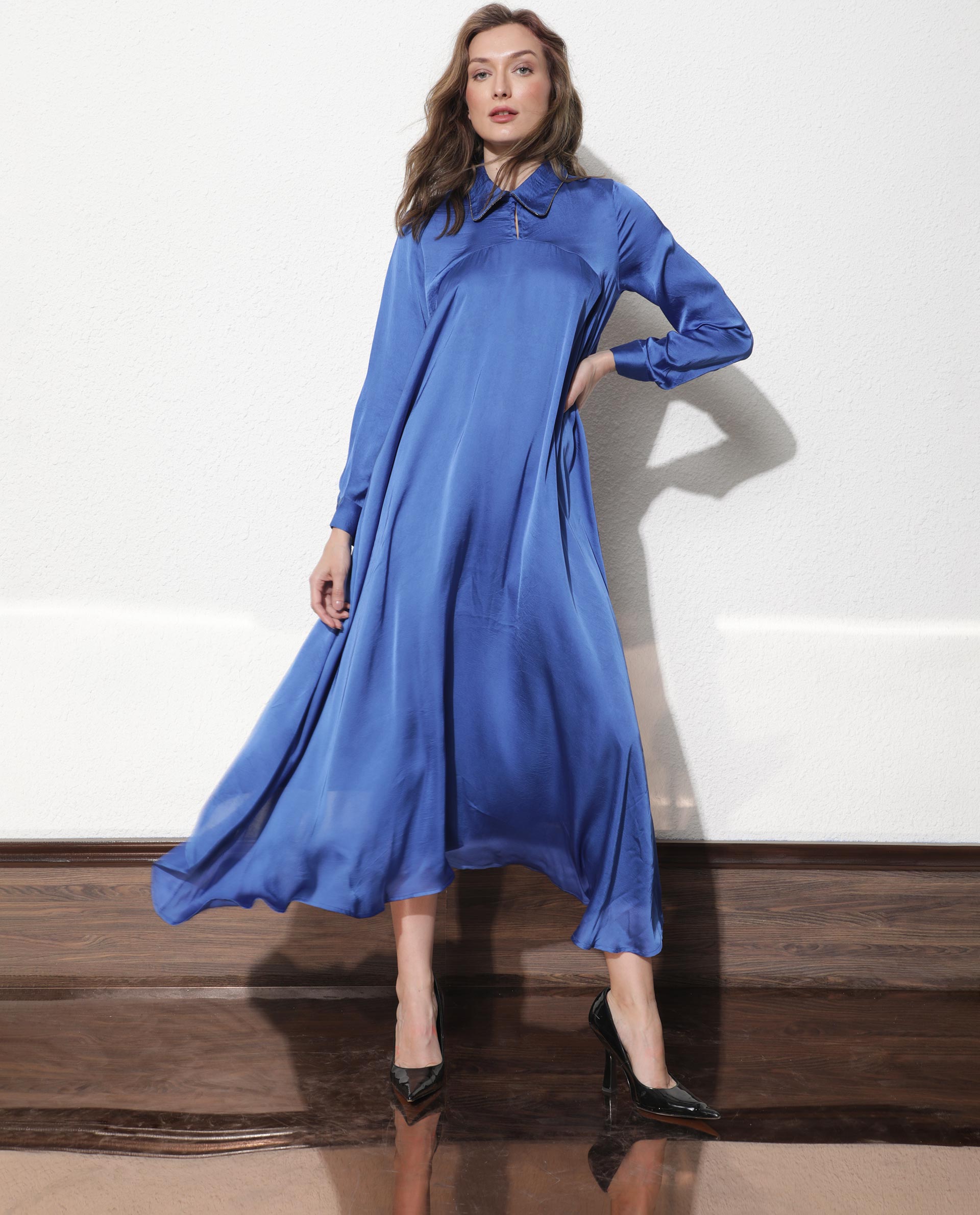 Rareism Women's Galaxyy Blue Modal Spread Collar Plain Maxi Regular Fit Dress