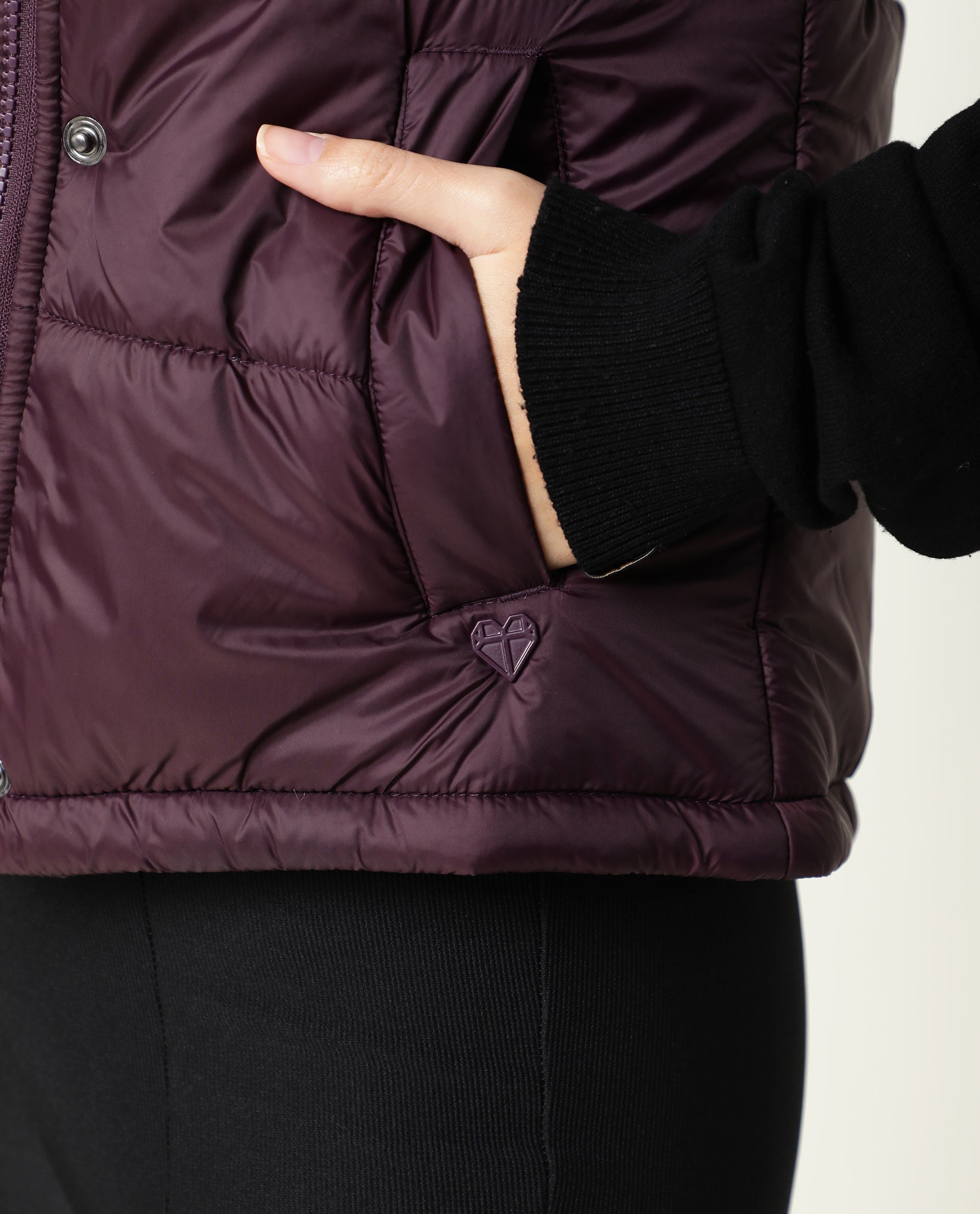 Rareism Women's Ziazan Maroon Polyester High Neck Plain Sleeveless Regular Fit Jacket