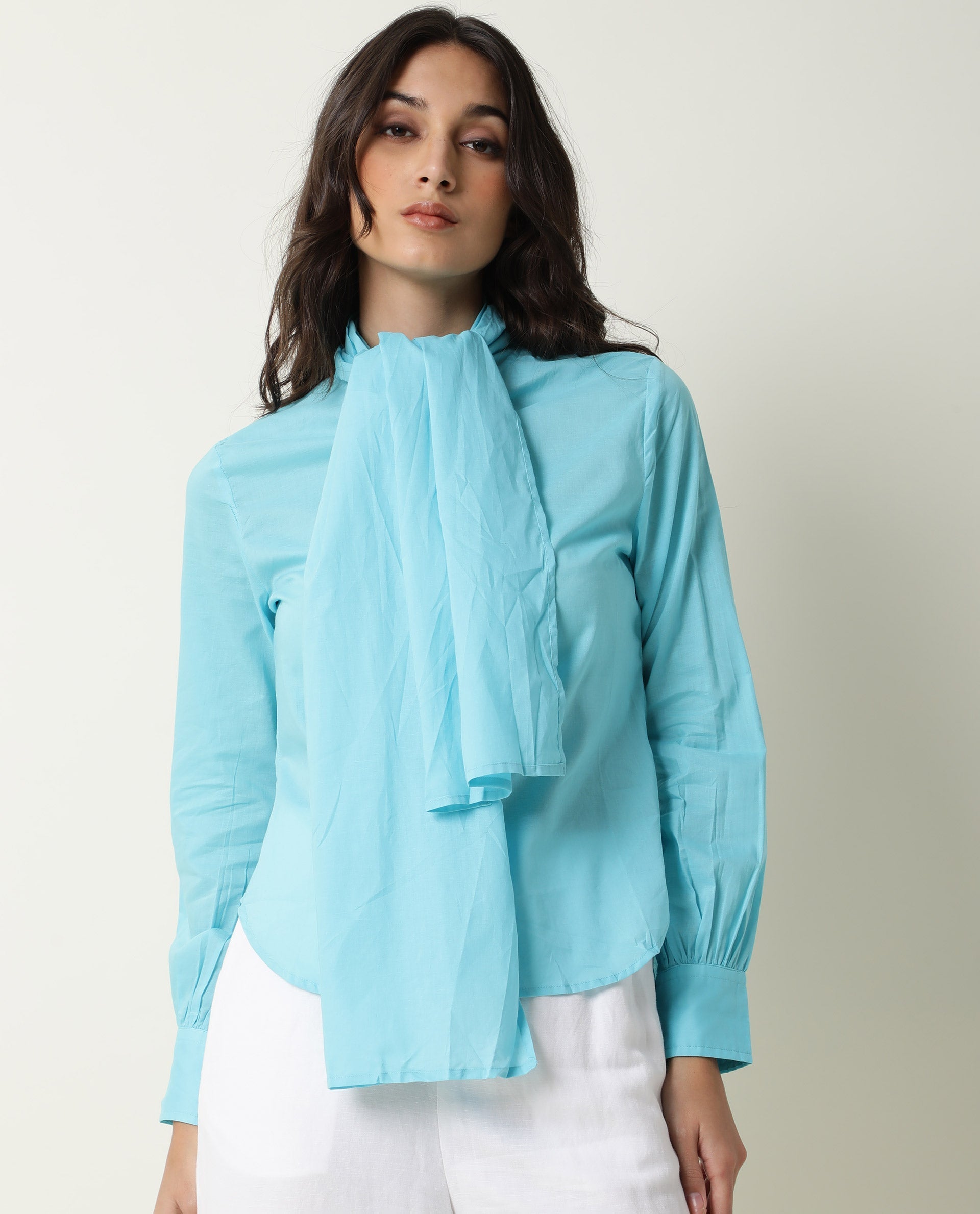 Rareism Women's Flame Blue Tie-Up Neck Plain Knee Length Regular Fit Top