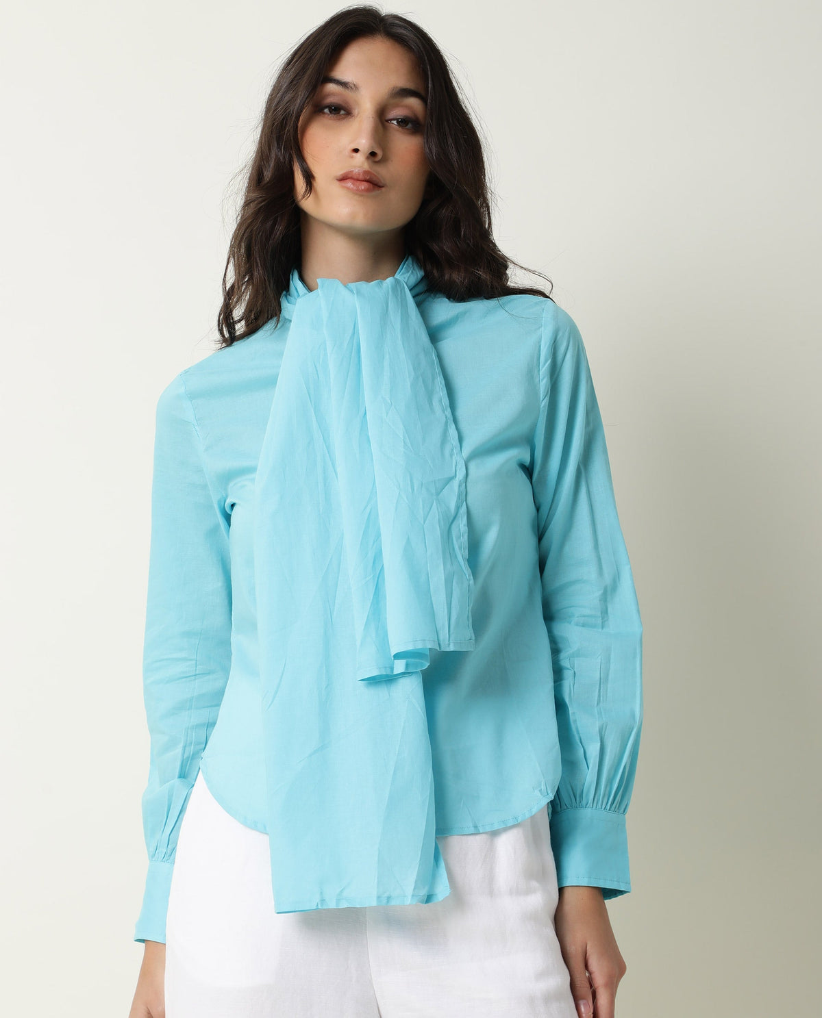Rareism Womens Flame Blue Top Cotton Fabric Full Sleeves Tie Up Neckline