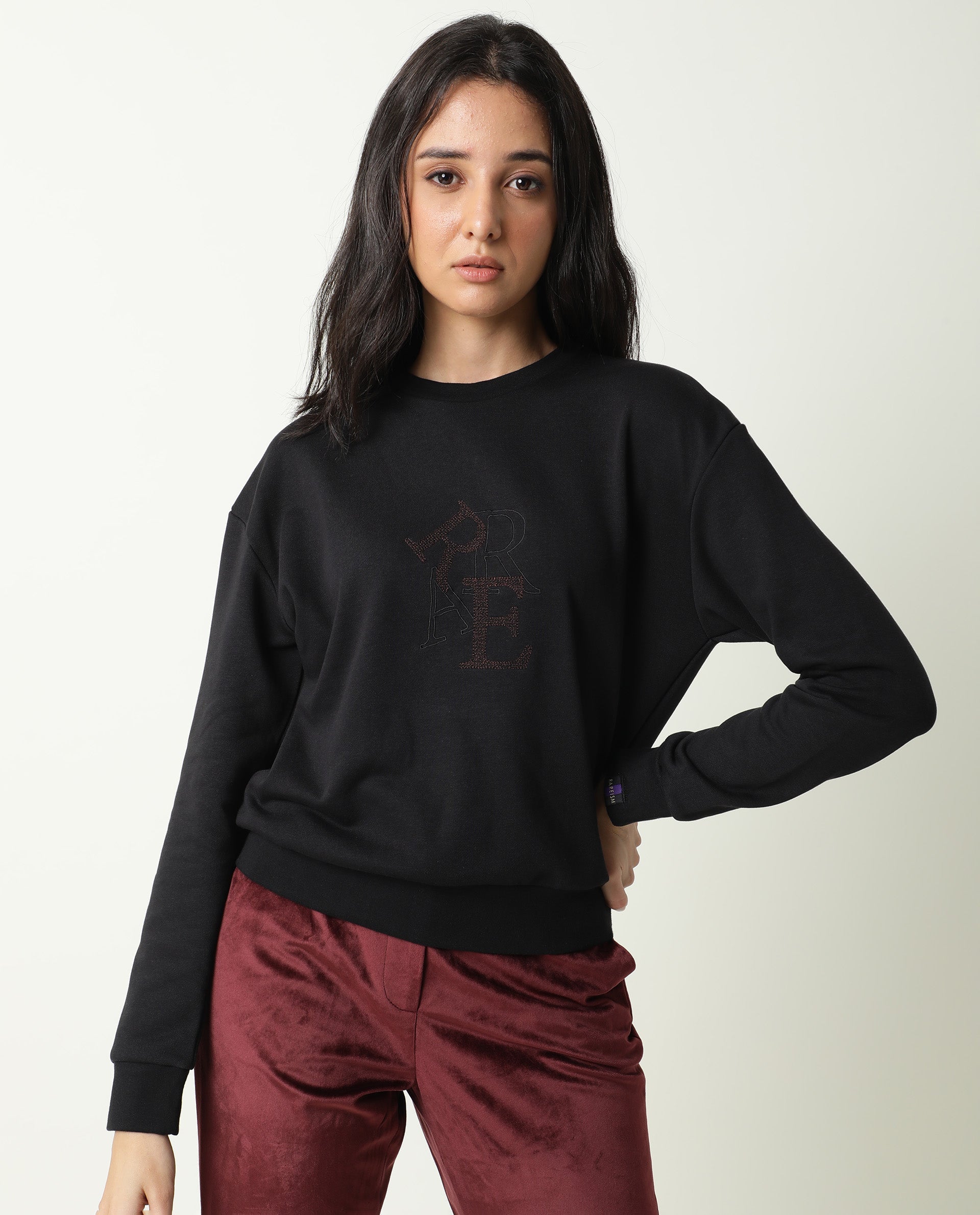 Rareism Women Sandor Black Cotton Poly Fabric Relaxed Fit Full Sleeves Solid Crew Neck Sweatshirt