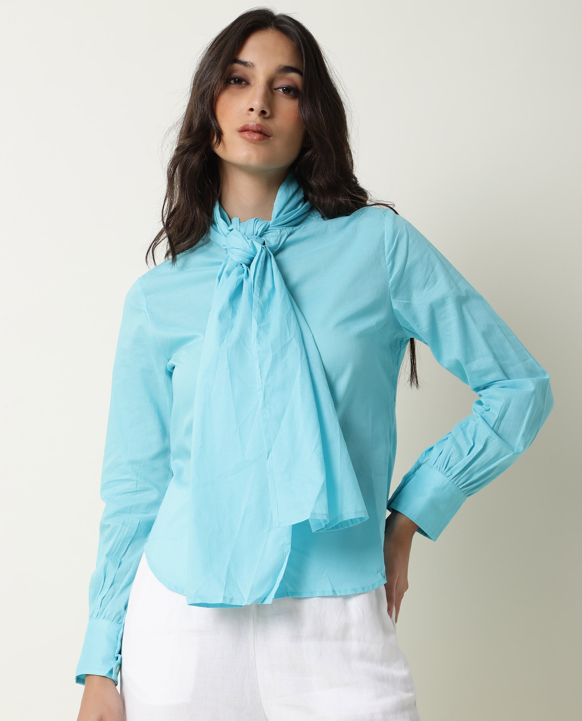 Rareism Women's Flame Blue Tie-Up Neck Plain Knee Length Regular Fit Top
