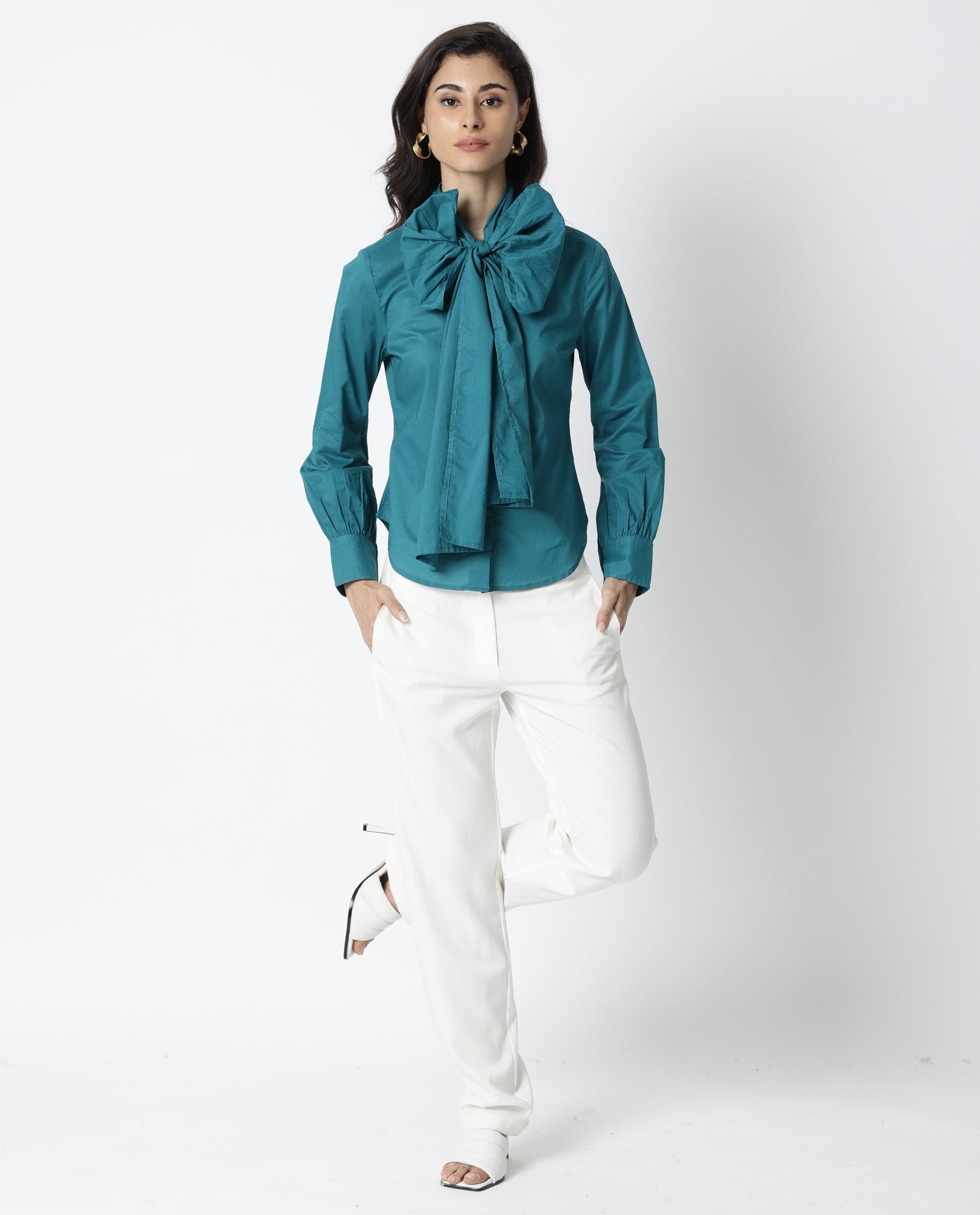 Rareism Women's Flame Petrol Cotton V-Neck Plain Tailored Top