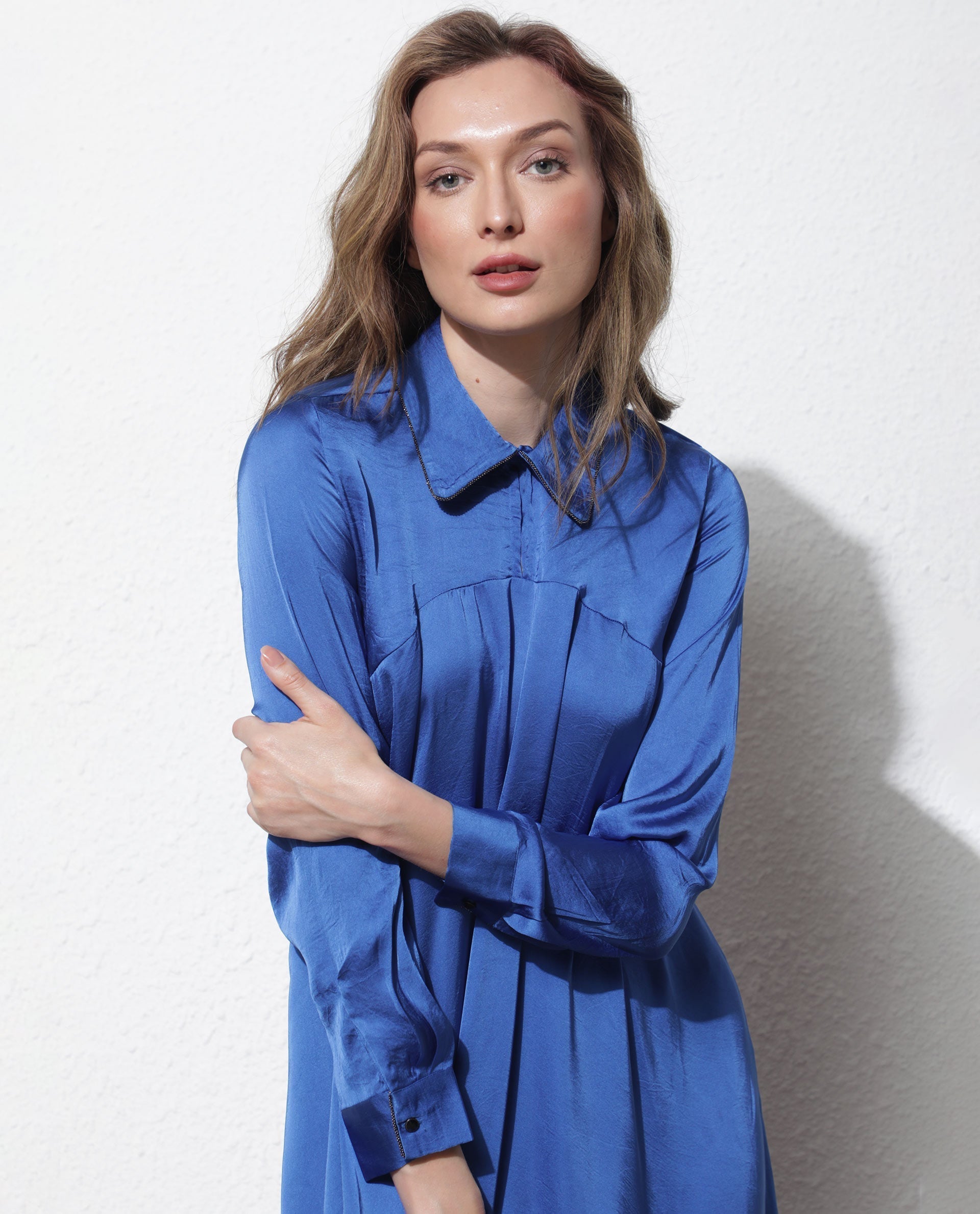 Rareism Women's Galaxyy Blue Modal Spread Collar Plain Maxi Regular Fit Dress