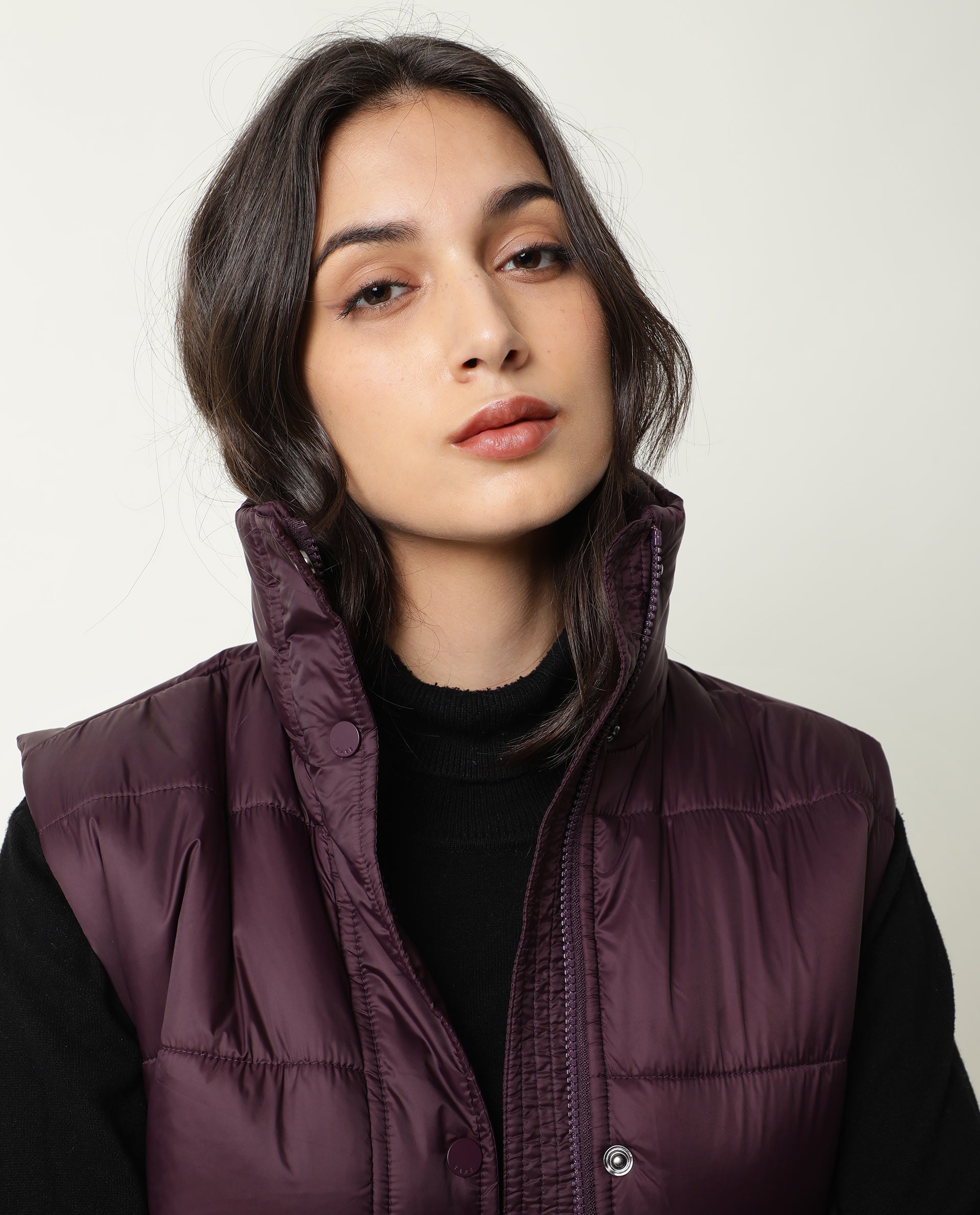 Rareism Women's Ziazan Maroon Polyester High Neck Plain Sleeveless Regular Fit Jacket