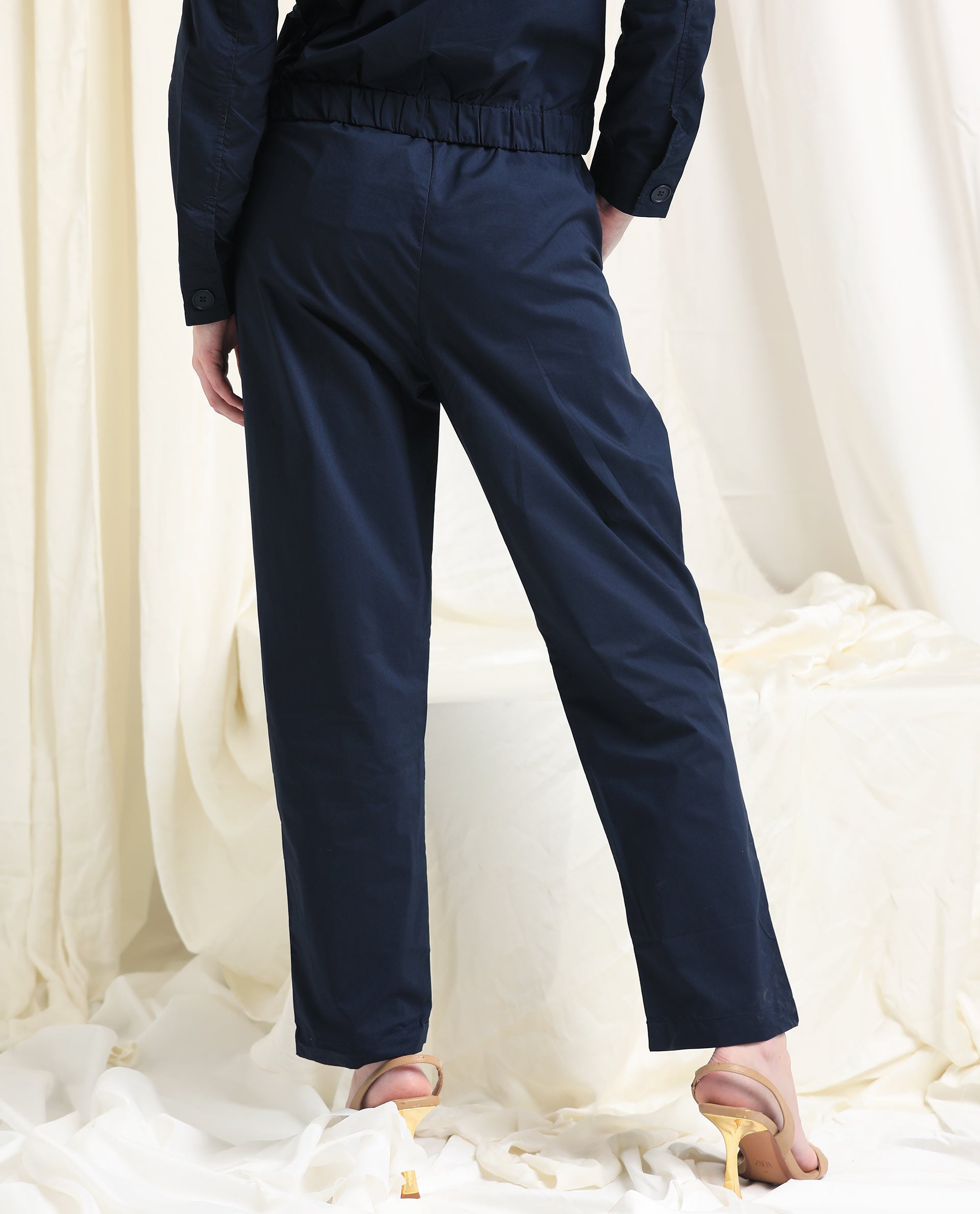 Rareism Women's Juven Navy Polyester Blend Plain Ankle Length Tapered Trouser