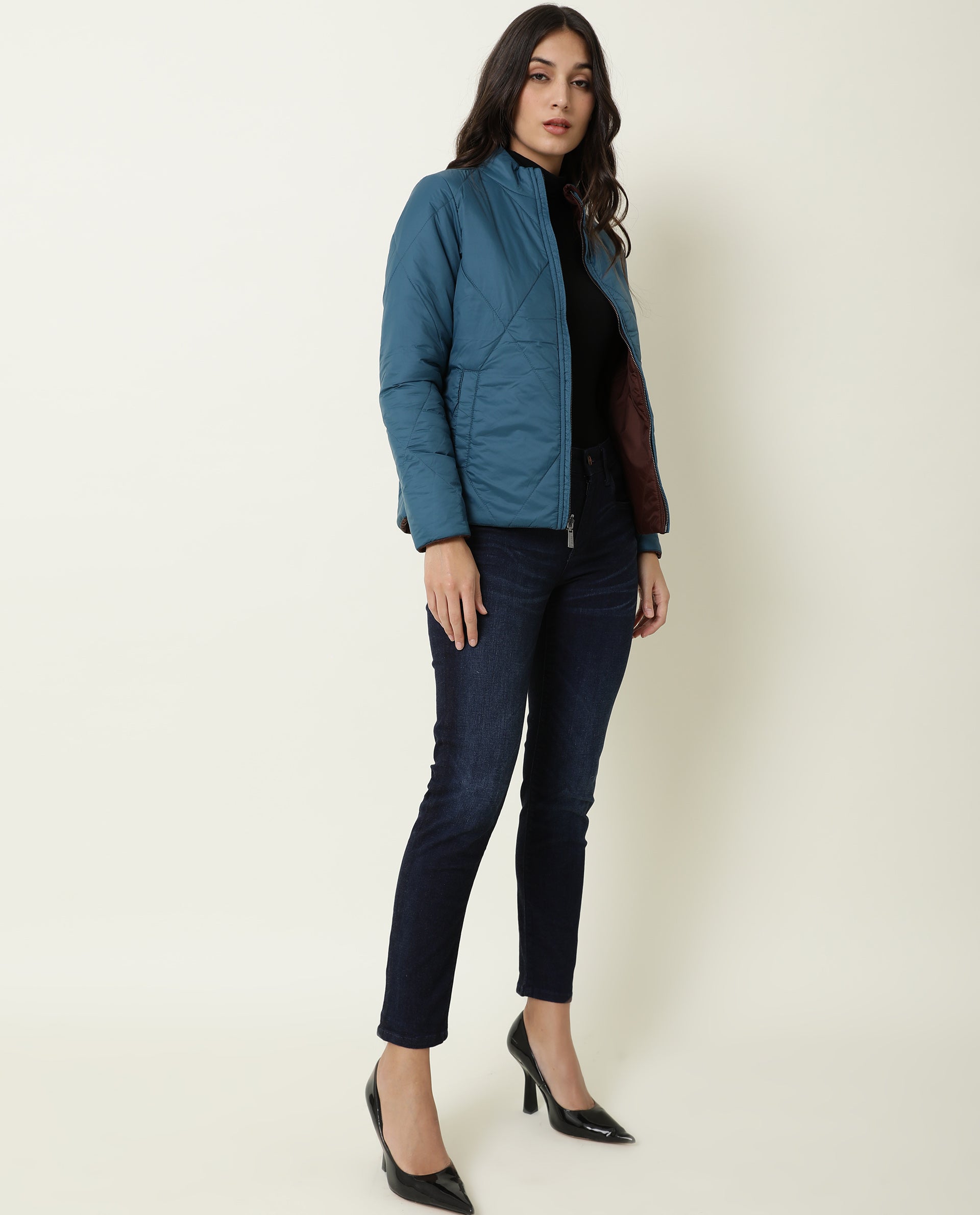 Rareism Women's Cora Maroon Polyester High Neck Plain Regular Fit Jacket