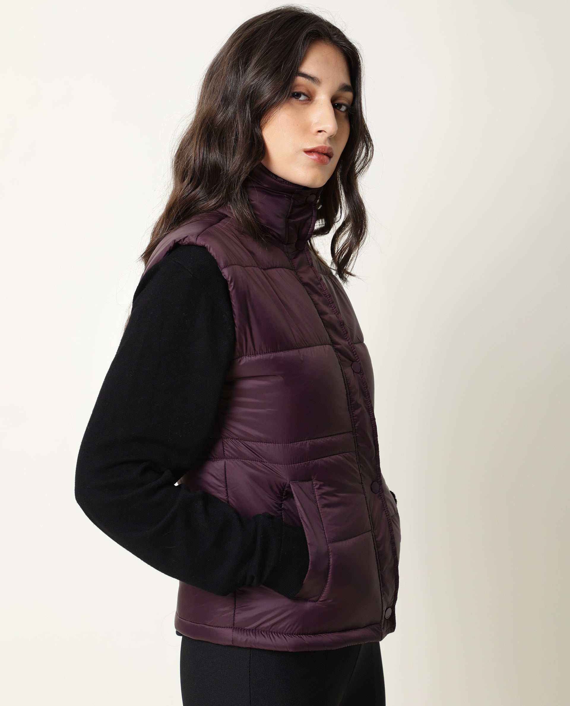 Rareism Women's Ziazan Maroon Polyester High Neck Plain Sleeveless Regular Fit Jacket