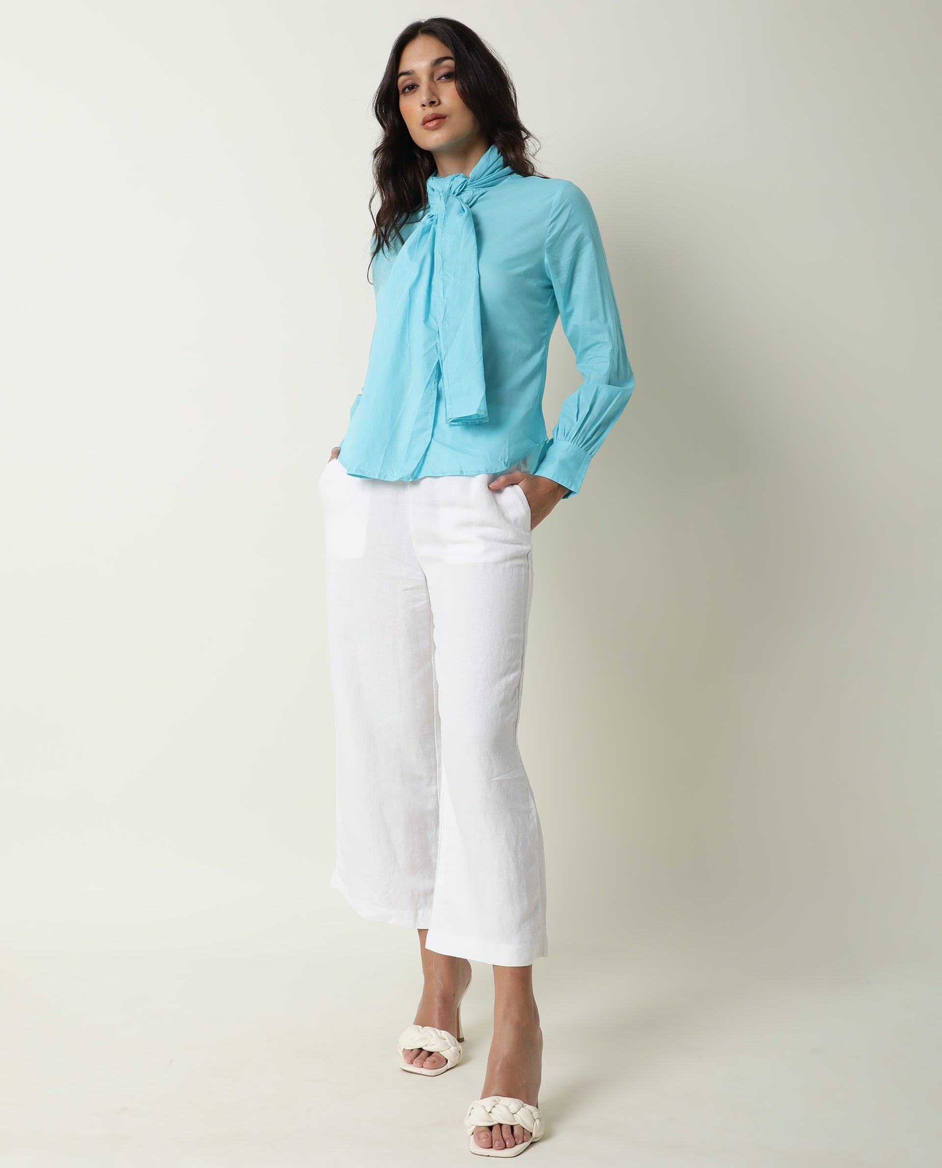 Rareism Women's Flame Blue Tie-Up Neck Plain Knee Length Regular Fit Top