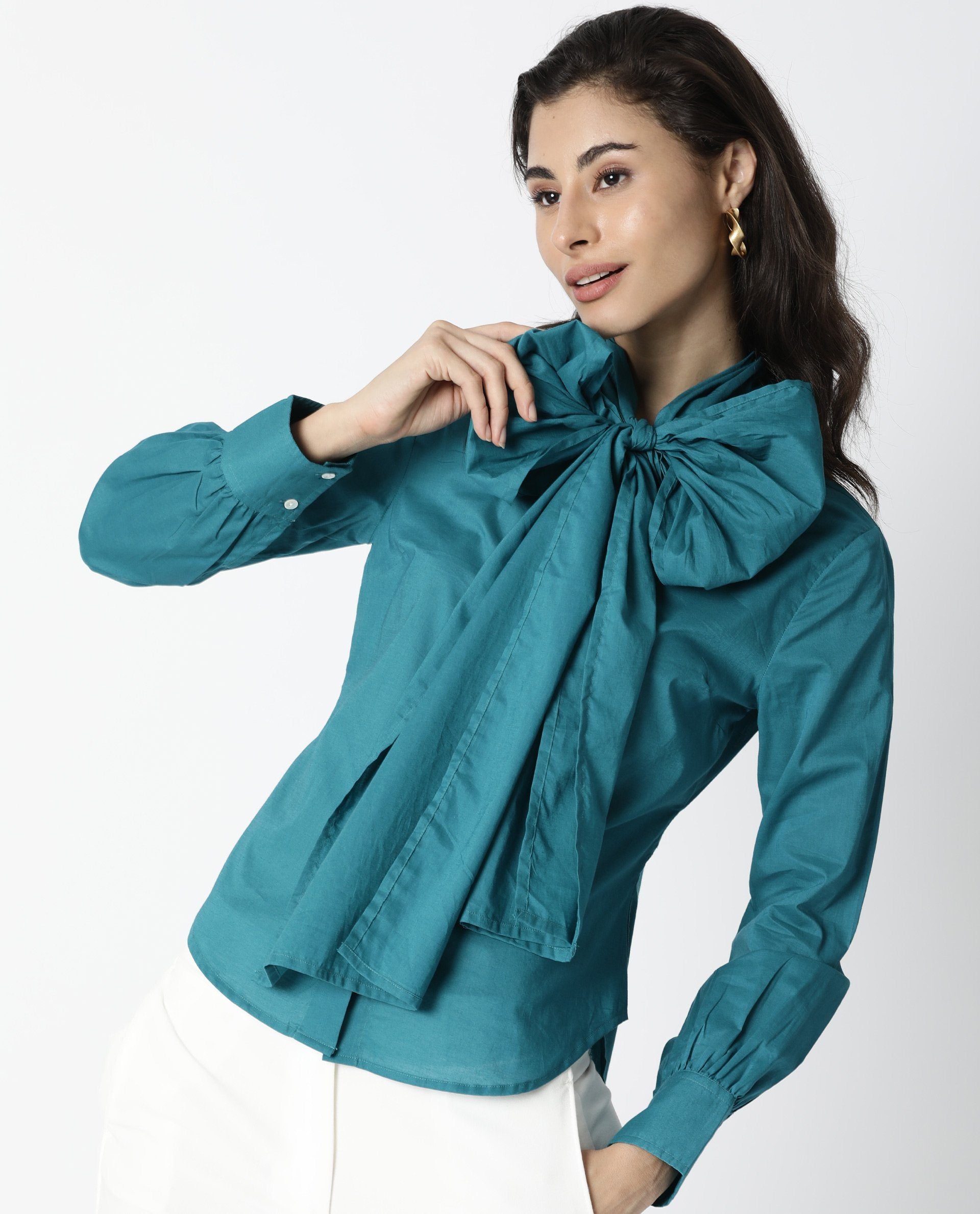 Rareism Women's Flame Petrol Cotton V-Neck Plain Tailored Top