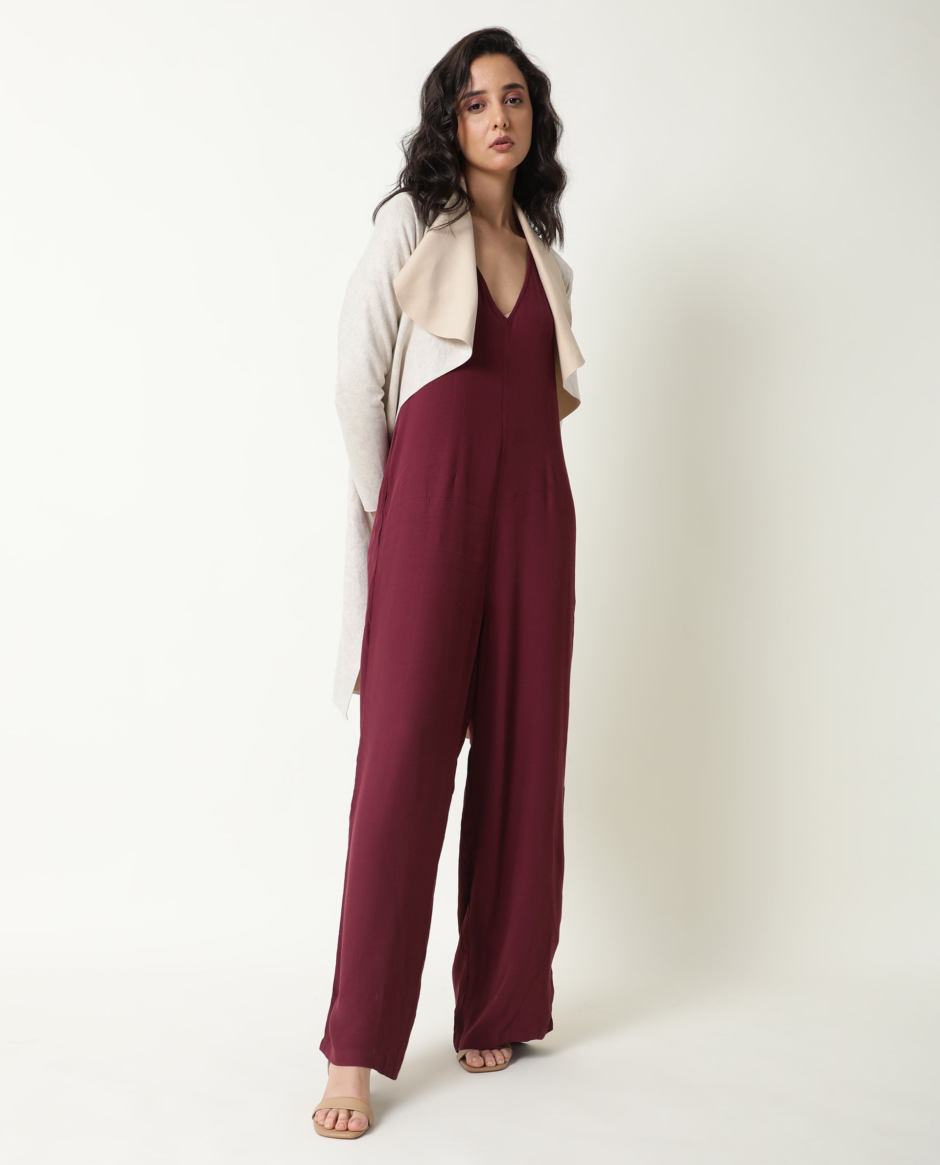 Rareism Women's Pivot Maroon Viscose V-Neck Plain Sleeveless Knee Length Tailored Jumpsuit
