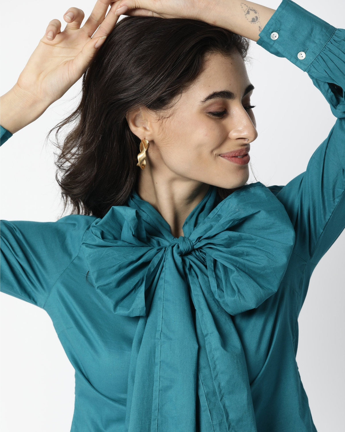 Rareism Womens Flame Petrol Top Cotton Fabric Full Sleeves Tie Up Neckline