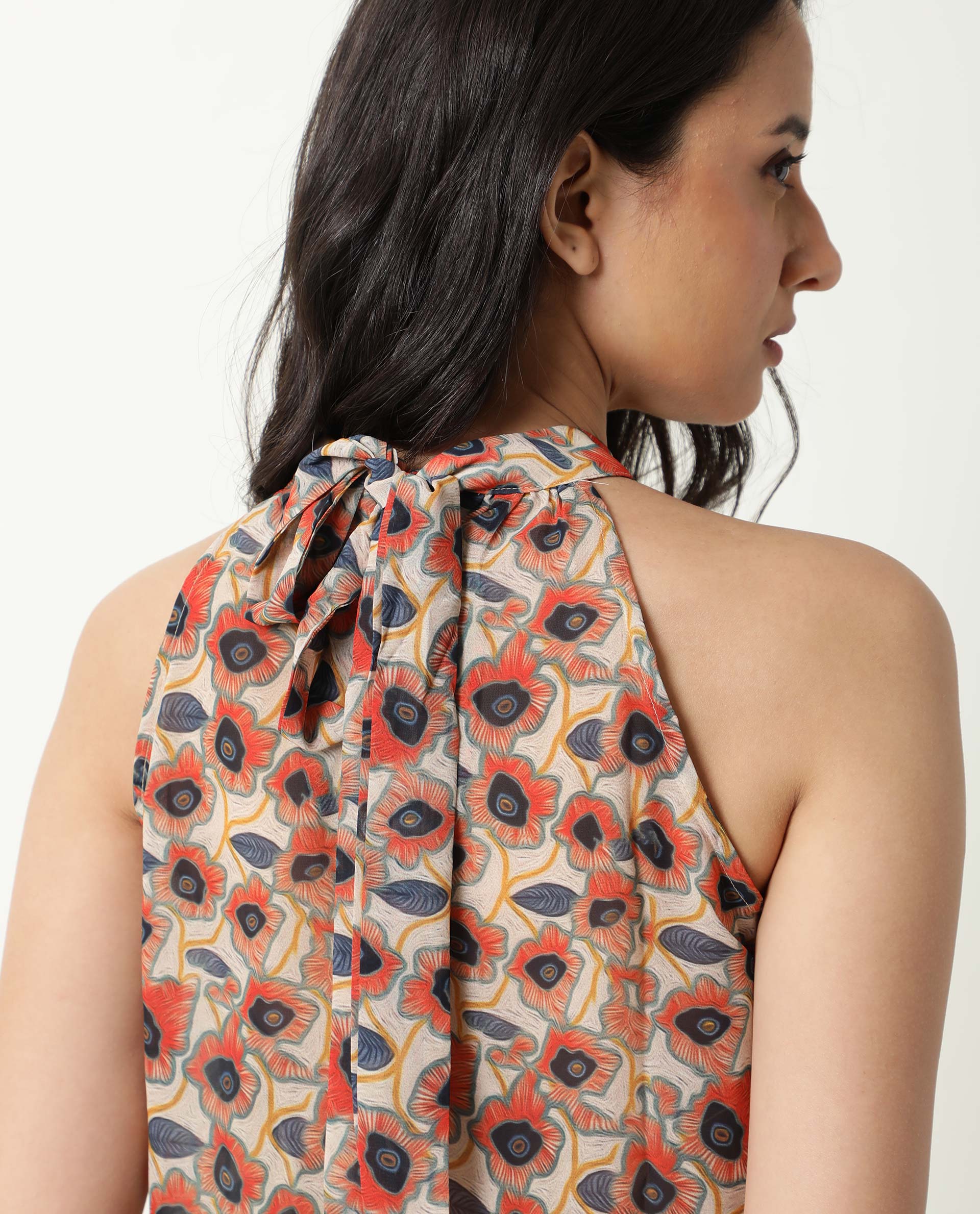 Rareism Women's Blake Beige Boat Neck Floral Print Sleeveless Knee Length Relaxed Fit Top