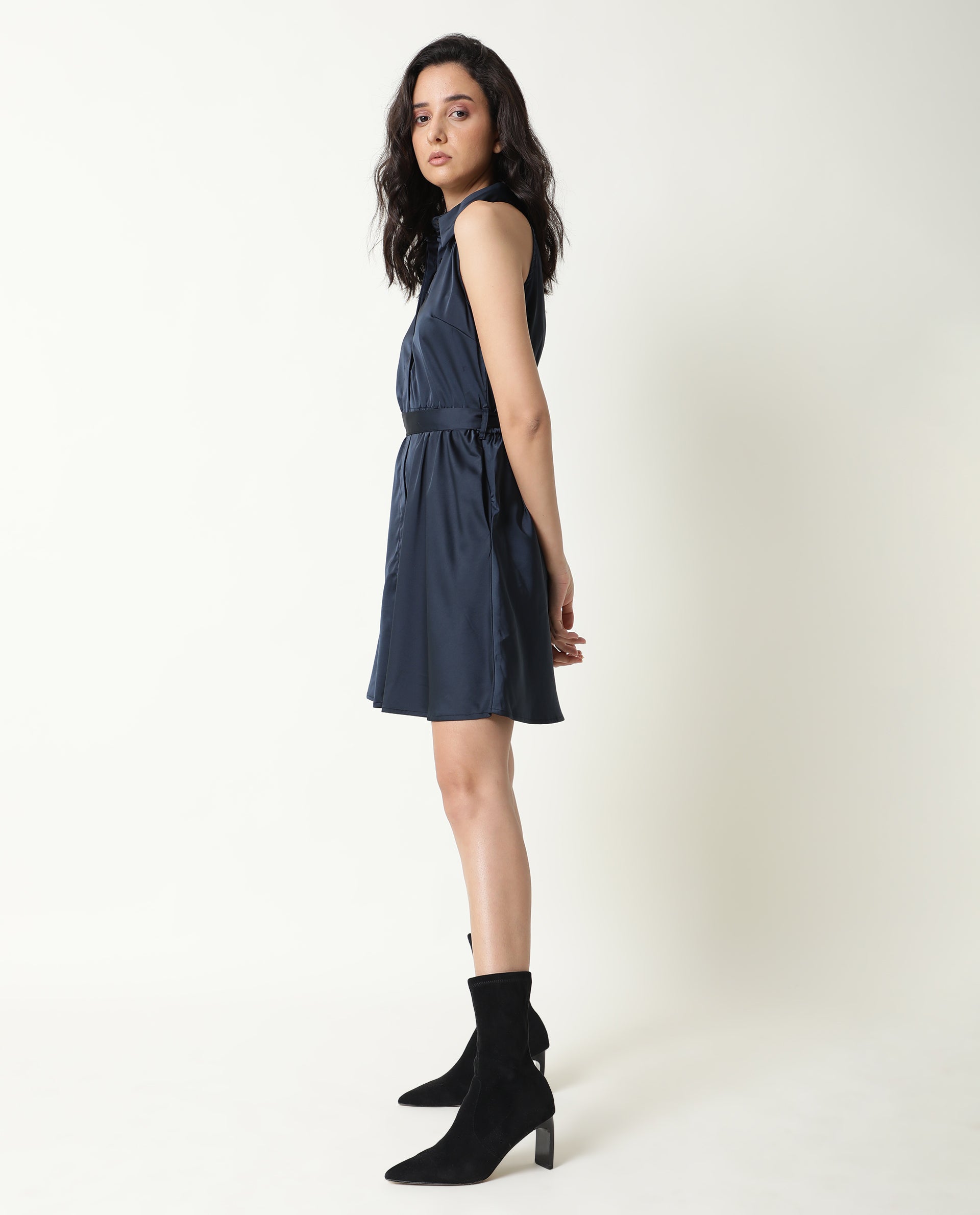 Rareism Women Sulphur Navy Shirt Collar Halter Neck Full Front Button Closure Placket With Fabric Waist Belt Mini Dress