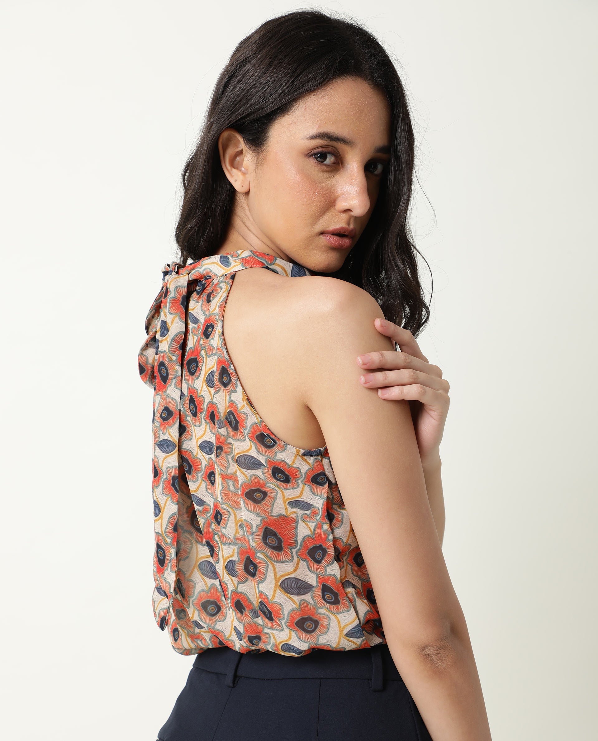 Rareism Women's Blake Beige Boat Neck Floral Print Sleeveless Knee Length Relaxed Fit Top