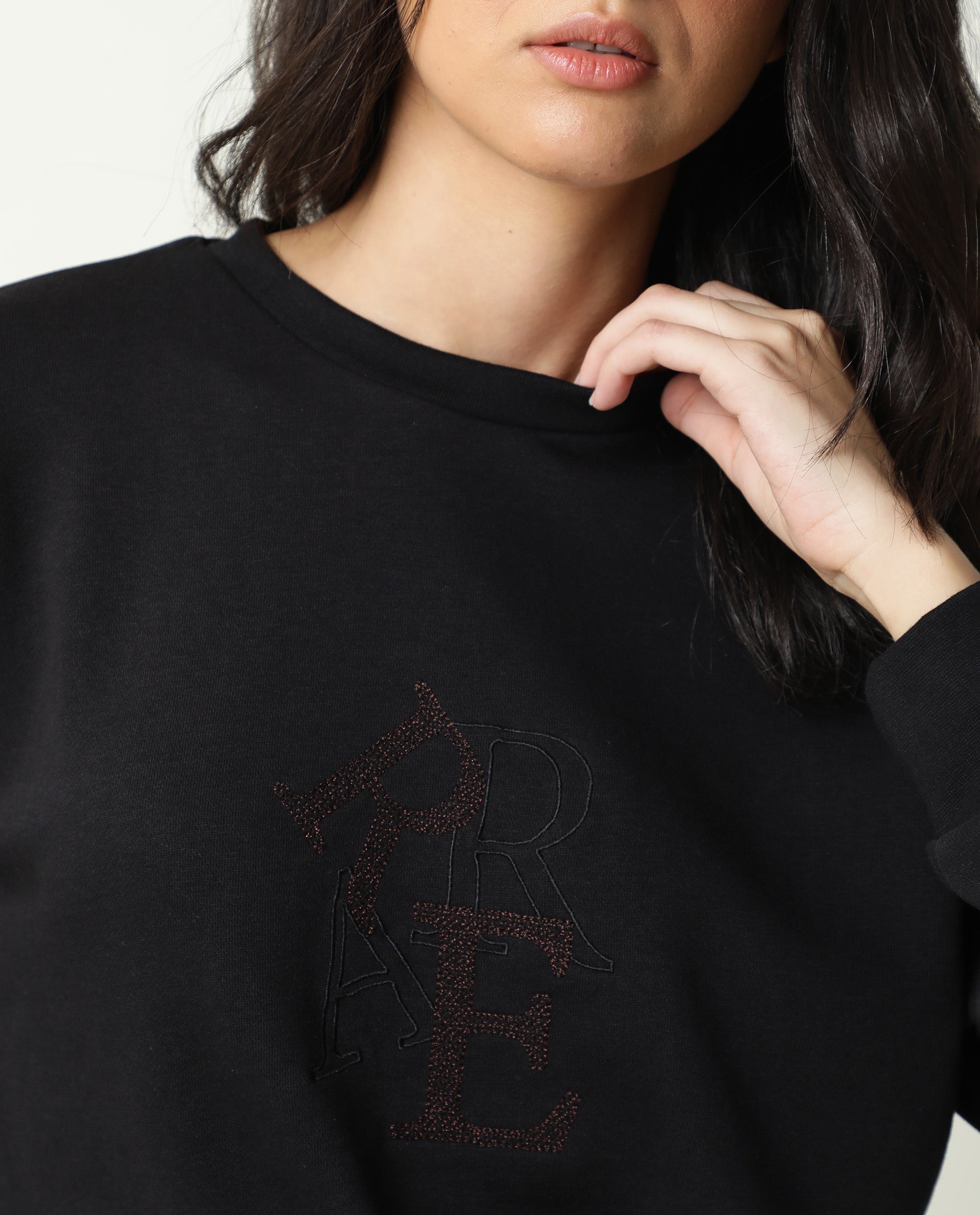 Rareism Women Sandor Black Cotton Poly Fabric Relaxed Fit Full Sleeves Solid Crew Neck Sweatshirt