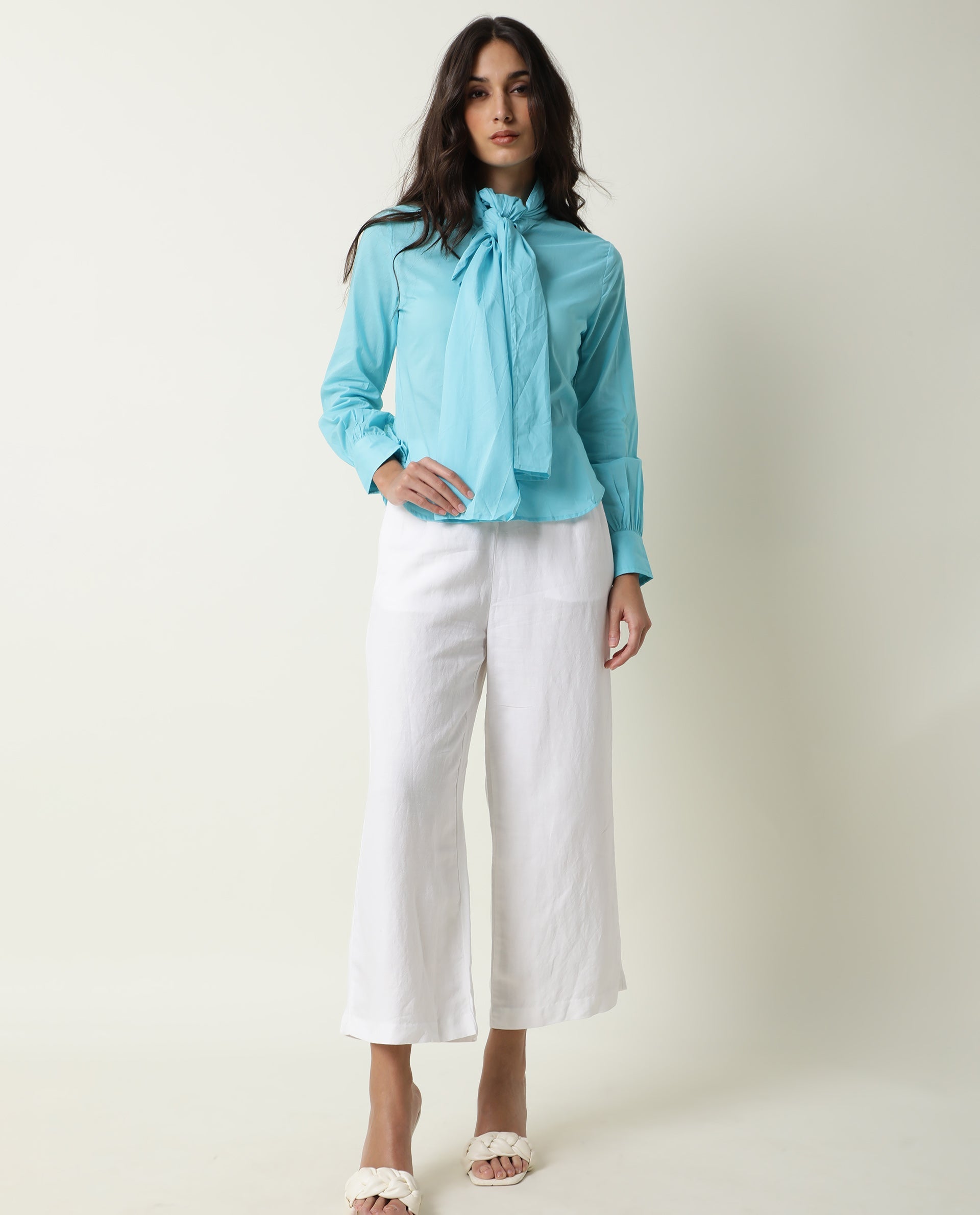 Rareism Women's Flame Blue Tie-Up Neck Plain Knee Length Regular Fit Top