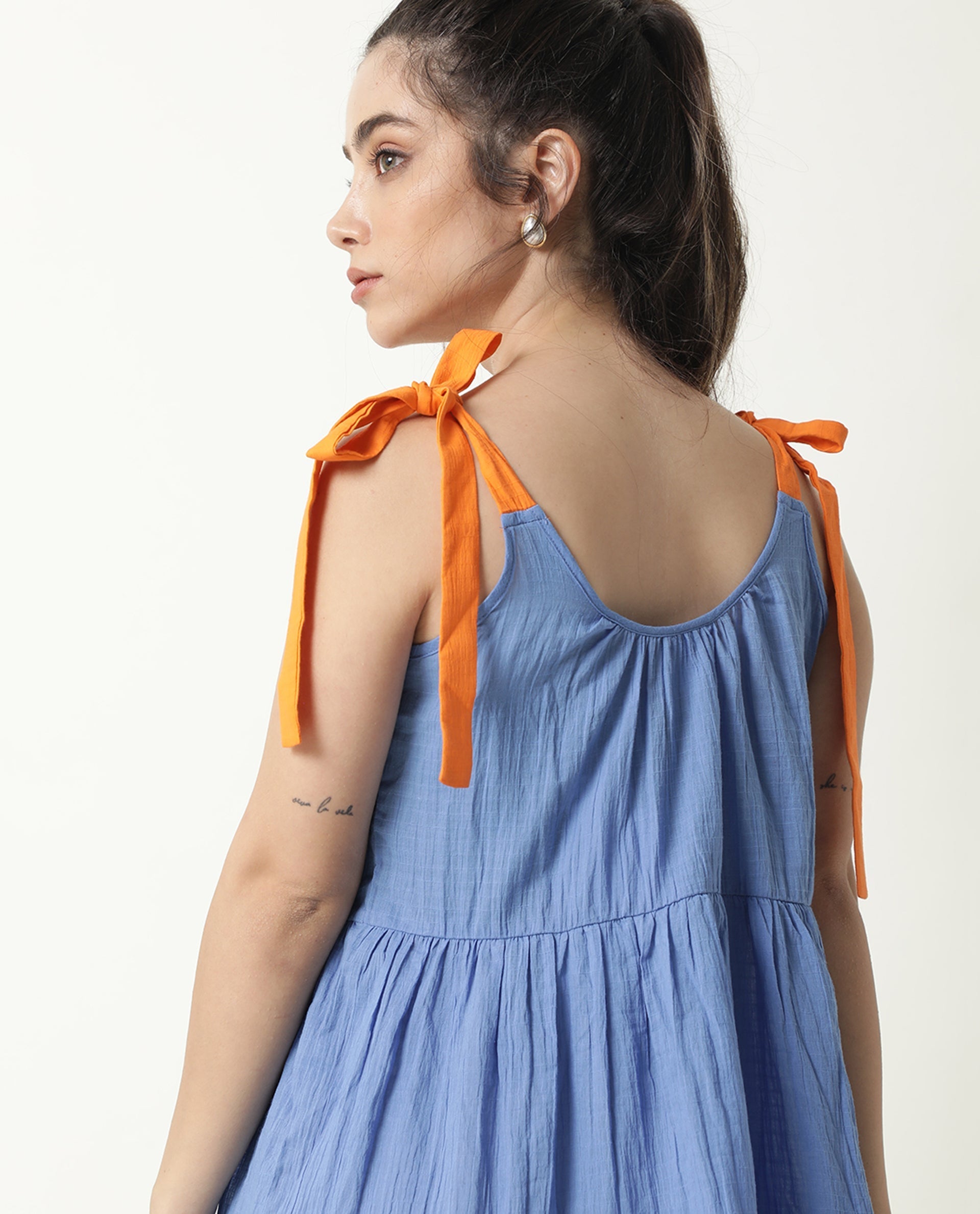 Rareism Womens Melt Blue Dress Cotton Fabric Regular Fit Sleeveless Scoop Neck