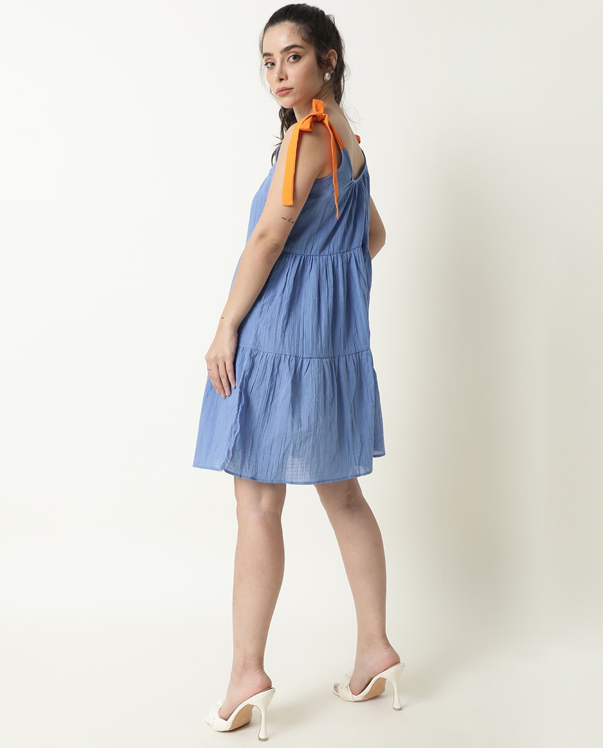 Rareism Womens Melt Blue Dress Cotton Fabric Regular Fit Sleeveless Scoop Neck