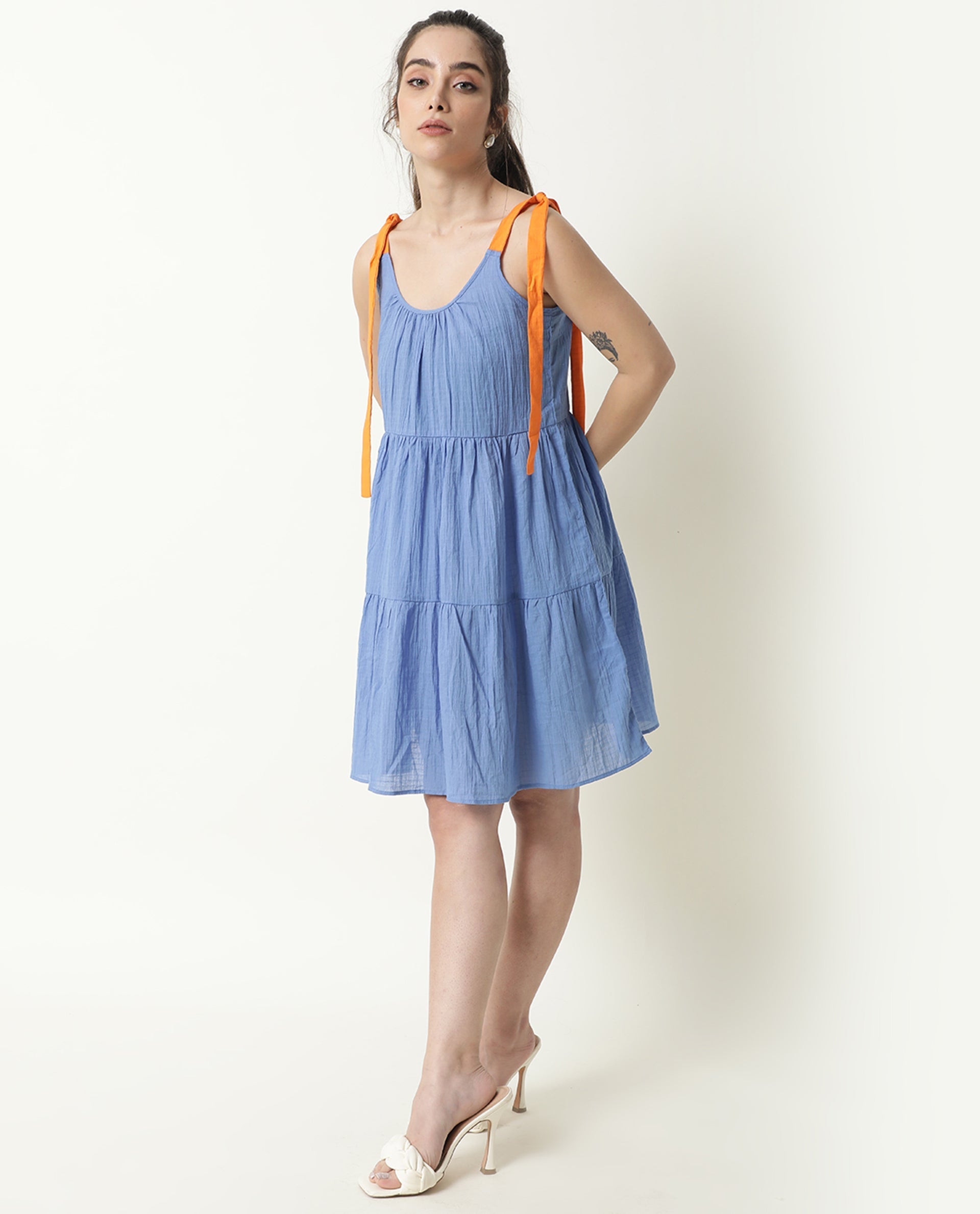 Rareism Womens Melt Blue Dress Cotton Fabric Regular Fit Sleeveless Scoop Neck