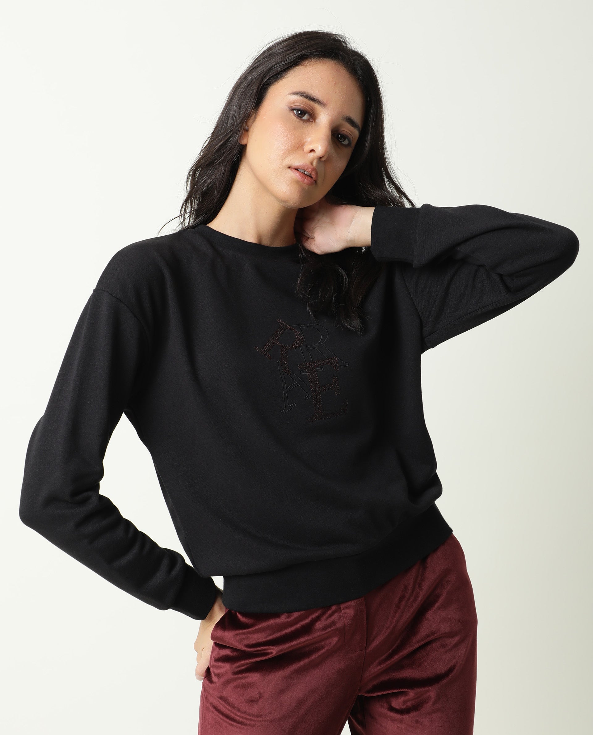 Rareism Women Sandor Black Cotton Poly Fabric Relaxed Fit Full Sleeves Solid Crew Neck Sweatshirt