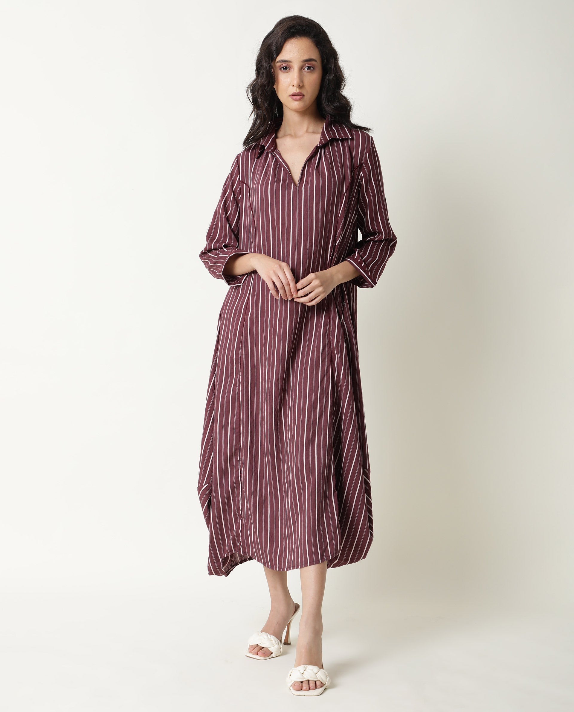 Rareism Women's Wakanda Maroon Spread Collar Striped Knee Length Regular Fit Dress