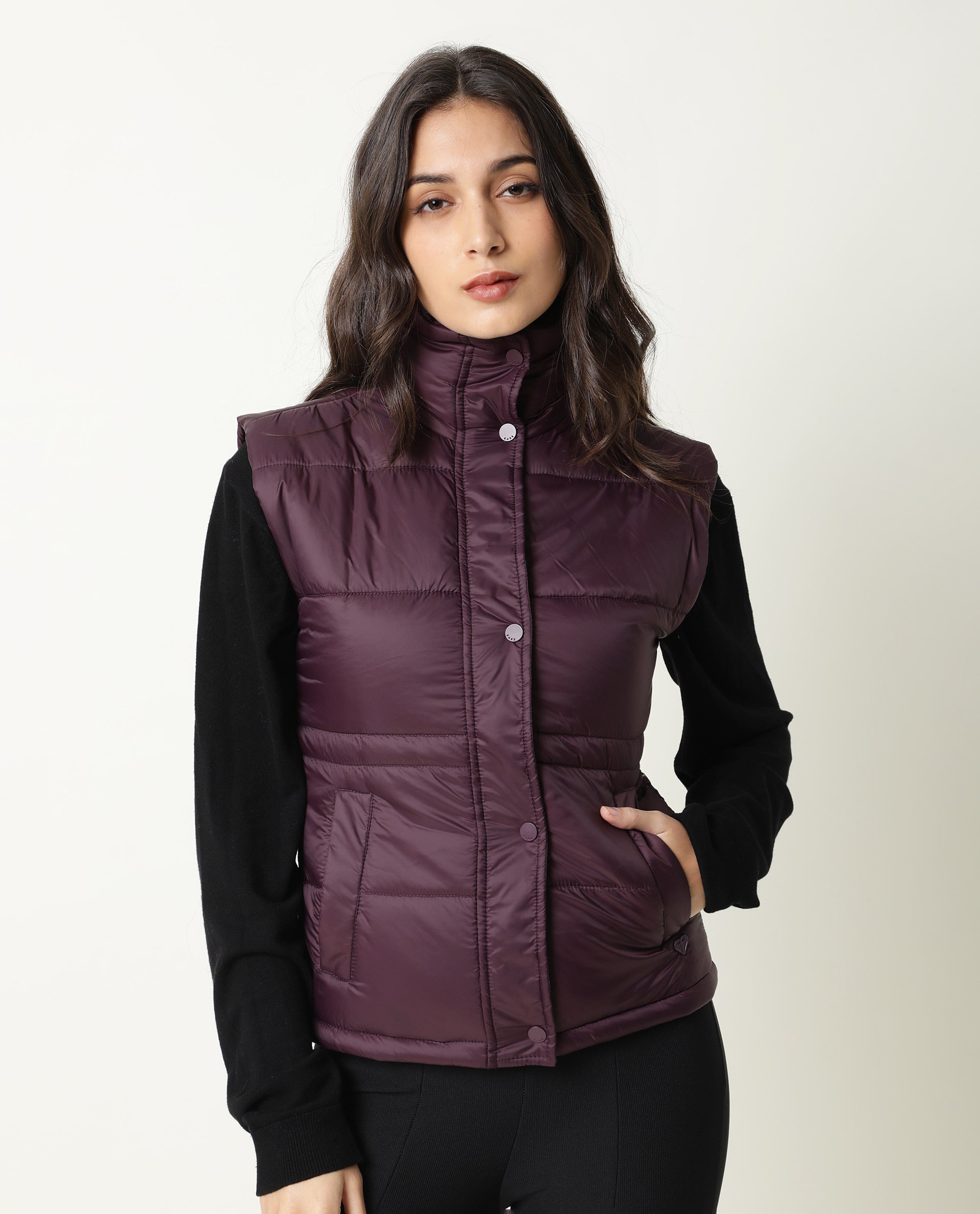 Rareism Women's Ziazan Maroon Polyester High Neck Plain Sleeveless Regular Fit Jacket