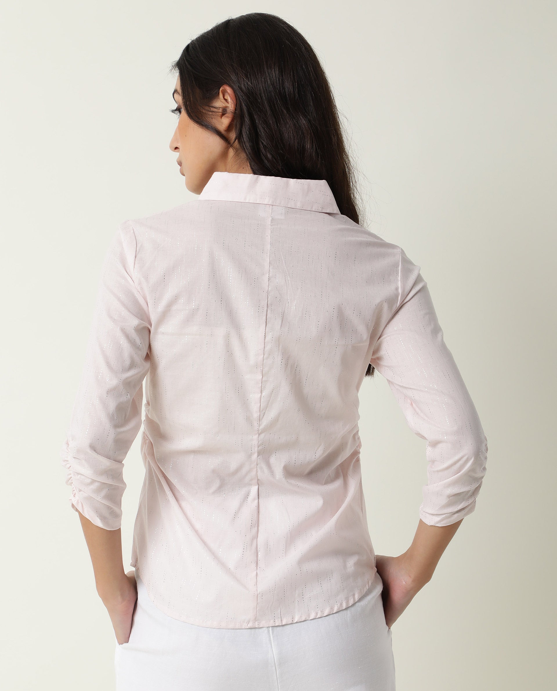 Rareism Women's Humpty Pink Spread Collar Plain Knee Length Regular Fit Top