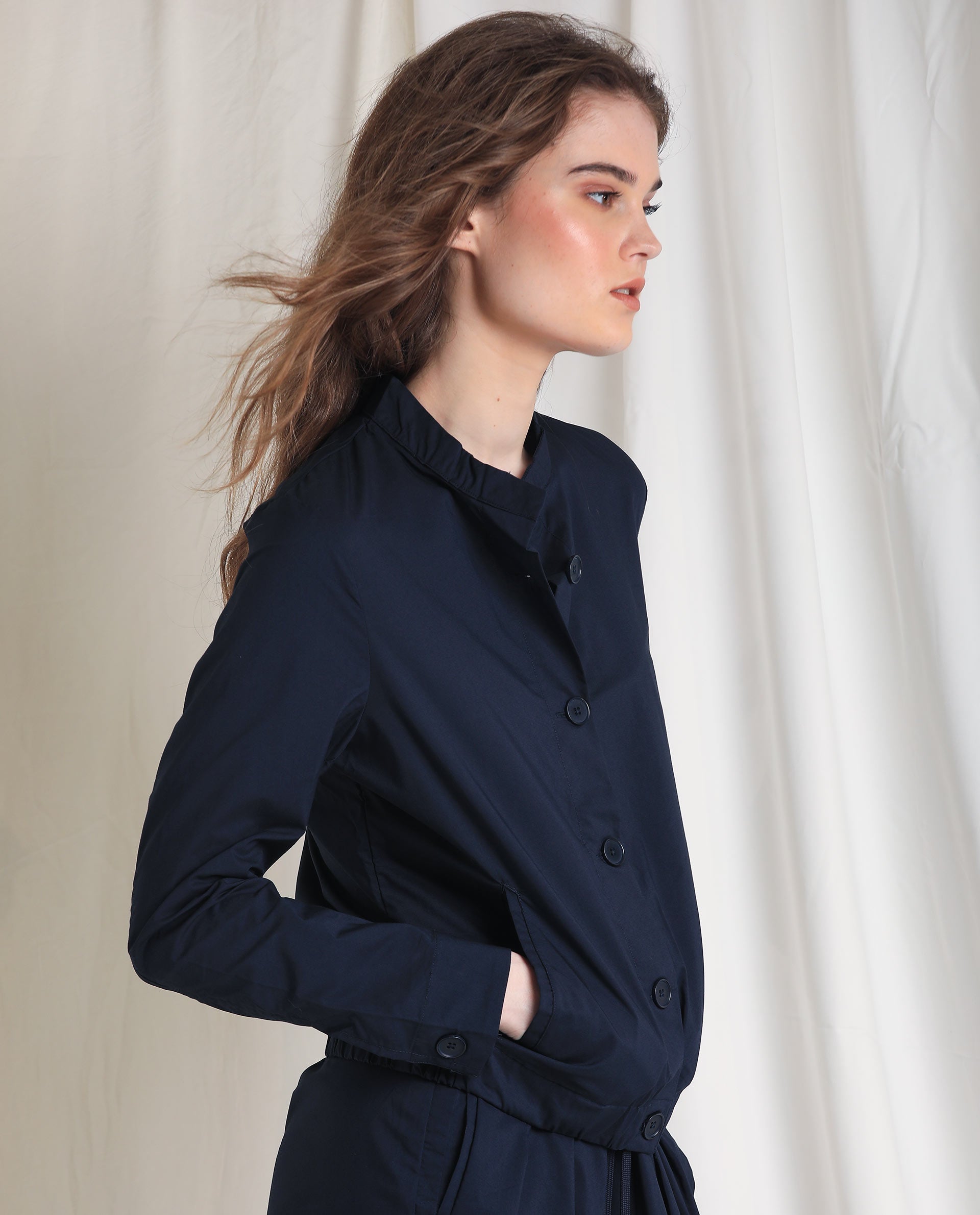 Rareism Women's Aomori Navy Polyester Blend Mandarin Collar Plain Regular Fit Jacket